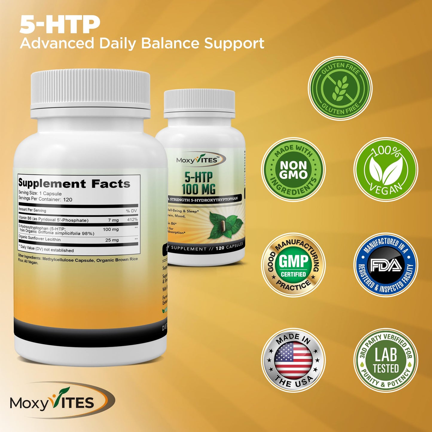 MoxyVites 5HTP 100mg Supplement with B6, Organic Whole Food, Non-GMO, 120 Vegan Capsules