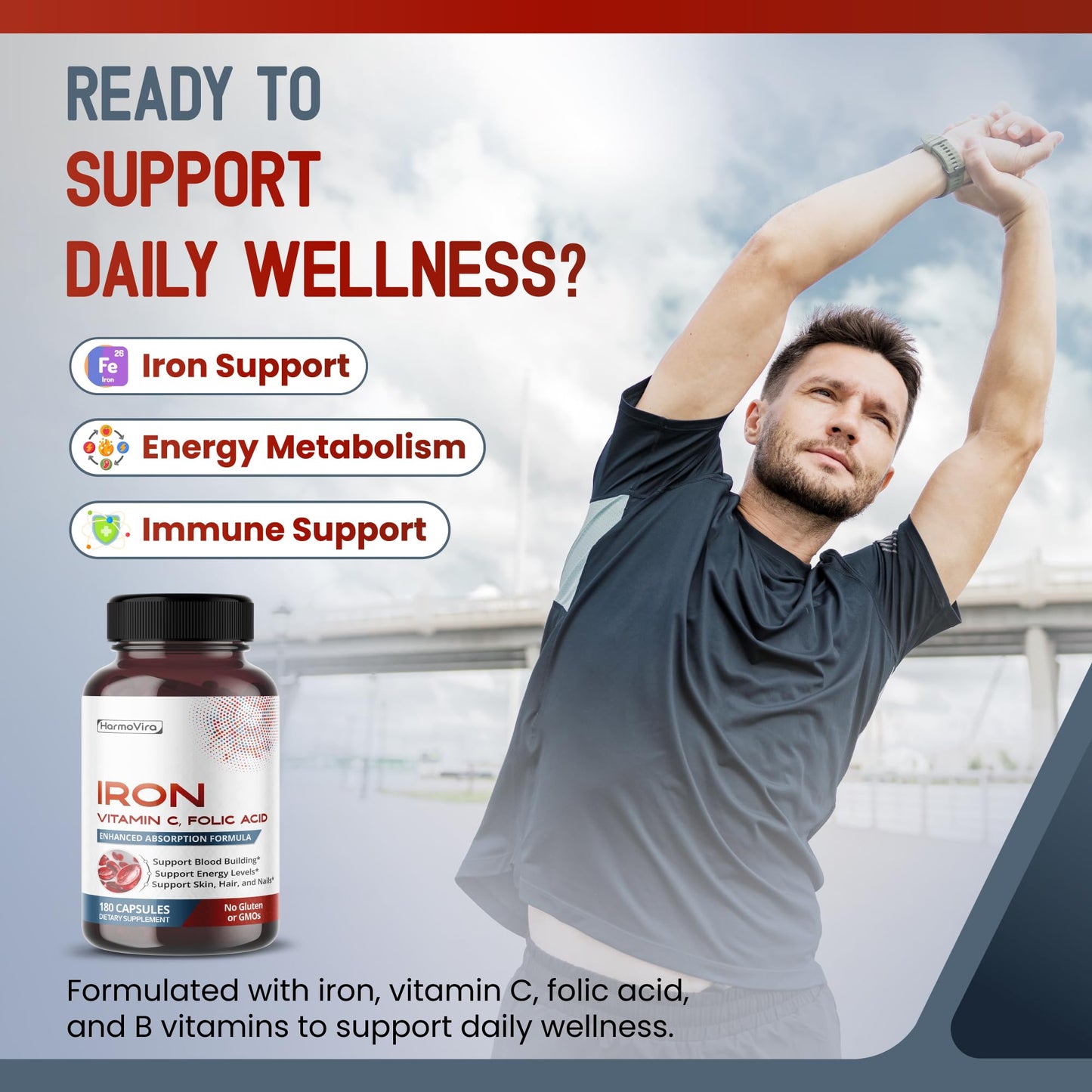HarmoVira Liposomal Iron with Vitamin C, Folic Acid, B12, B6, B1 180 Capsules