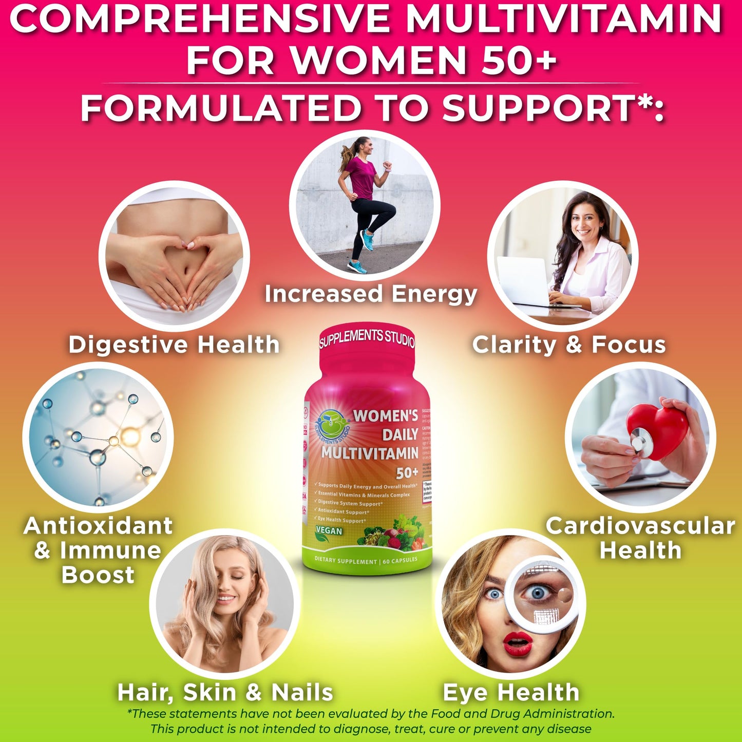 SUPPLEMENTS STUDIO Women's Daily Multivitamin 50 Plus - Vegan Methylated Multivitamin for Women 50 and Over with Biotin, Organic Superfoods & Lutein - Eye, Energy, Gut & Optimal Health Support - Easy to Swallow Capsules 60 Capsules