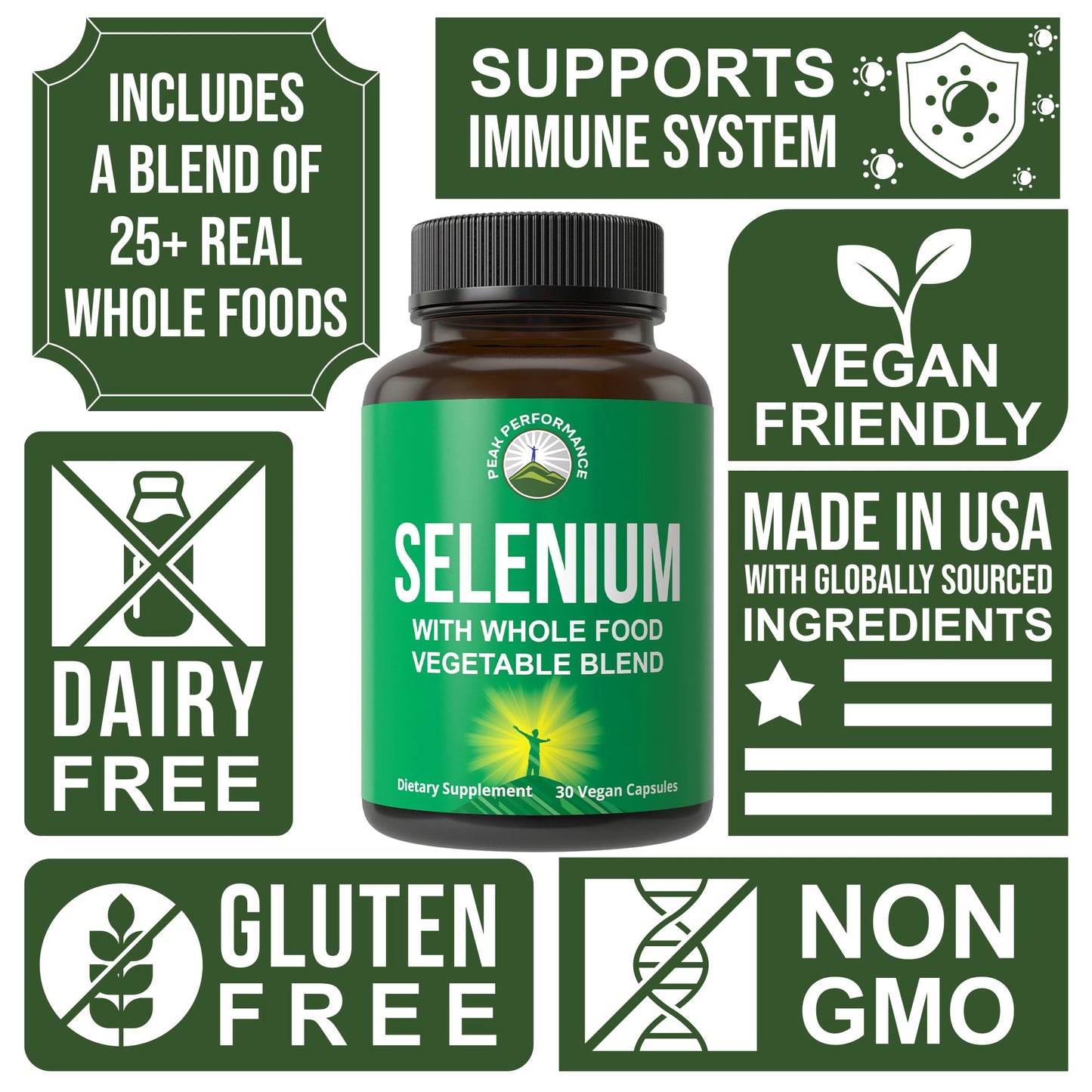 Peak Performance Selenium Supplement with Whole Food Blend of 25+ Vegetables and Fruits Capsules 30 Count