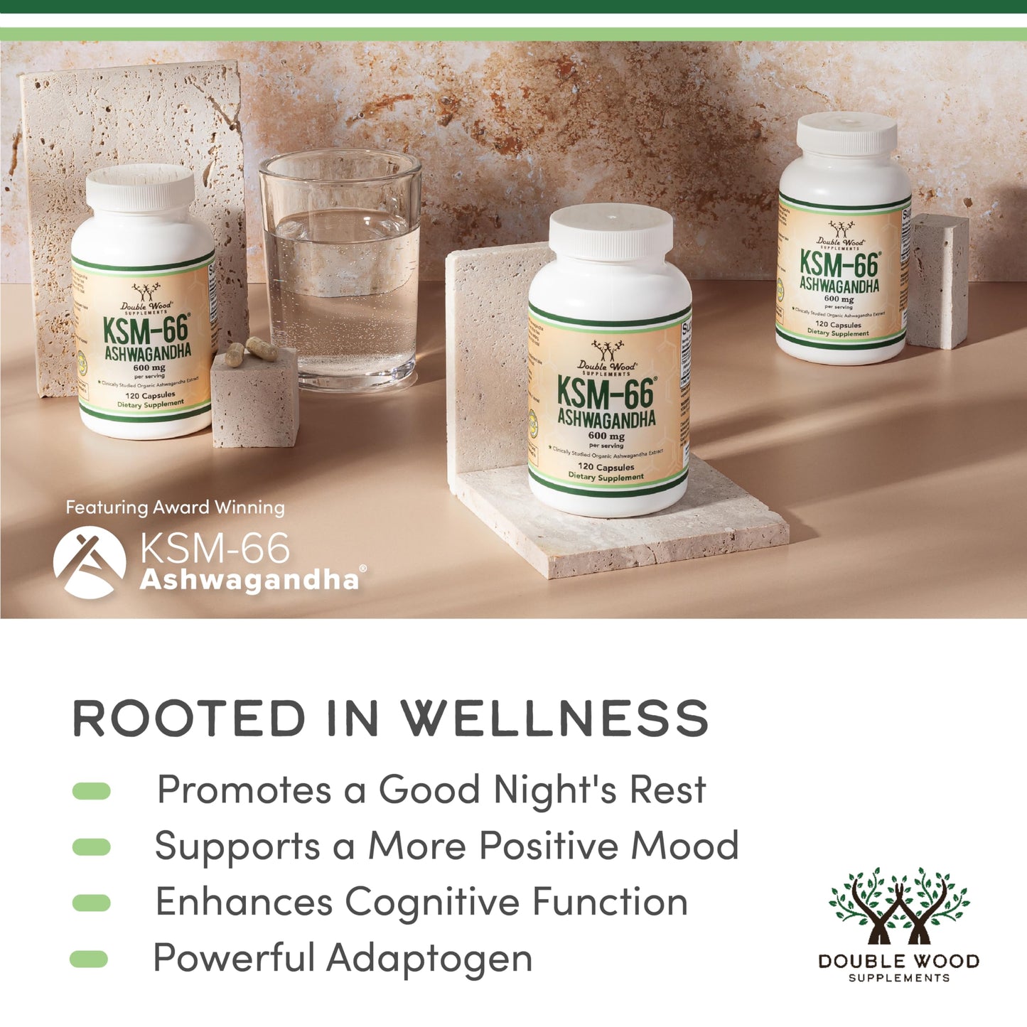Double Wood Supplements Ashwagandha KSM-66 Organic Extract Capsules, 120 Count