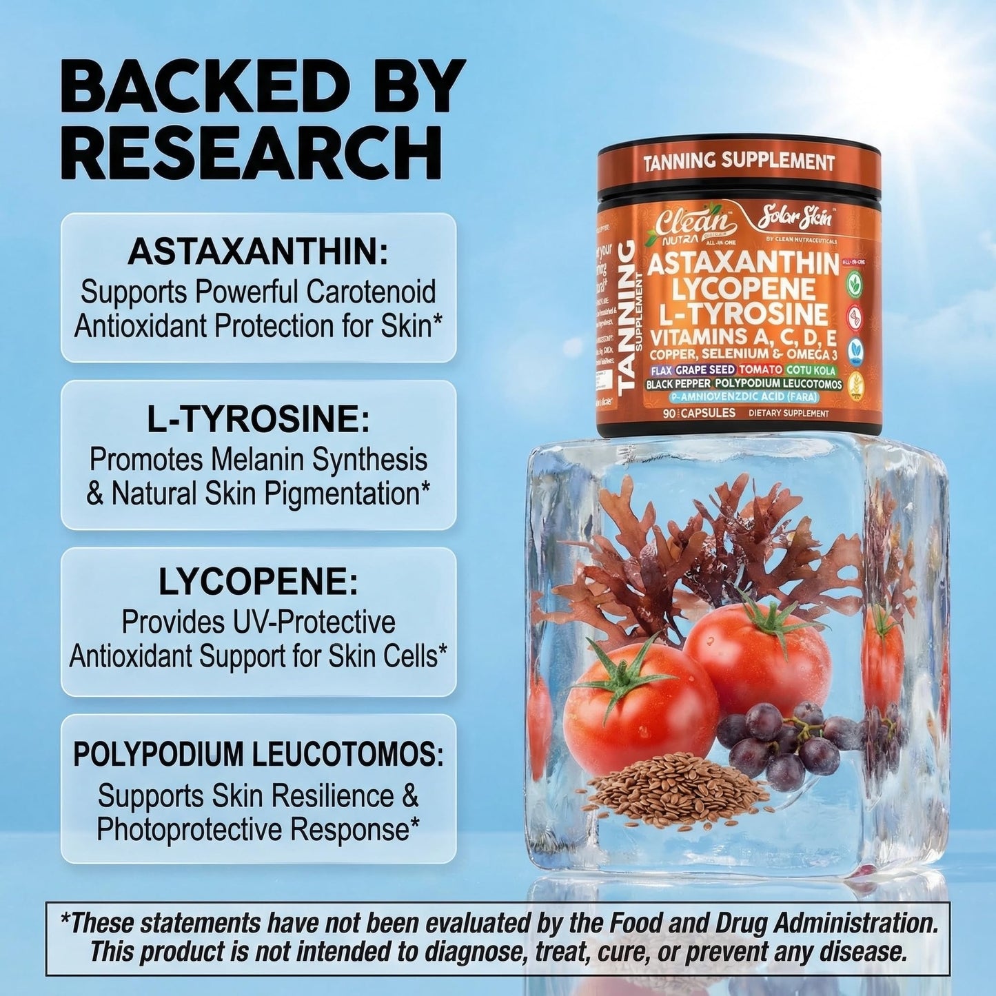 Clean Nutraceuticals Solar Skin Astaxanthin Tanning Supplement Capsules, 90 Capsules