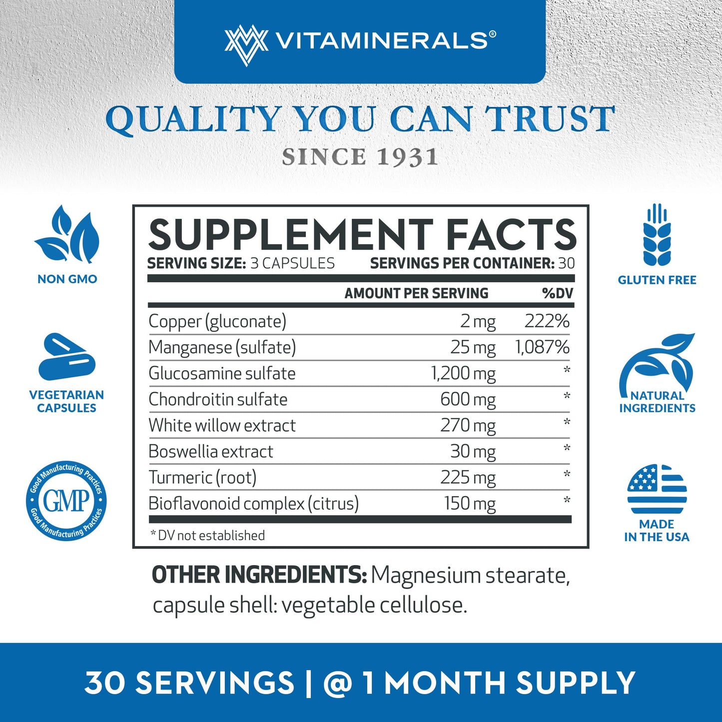 Vitaminerals 128 Glucosamine Joint Support Glucosamine-Chondroitin Complex Capsule, 180 Count