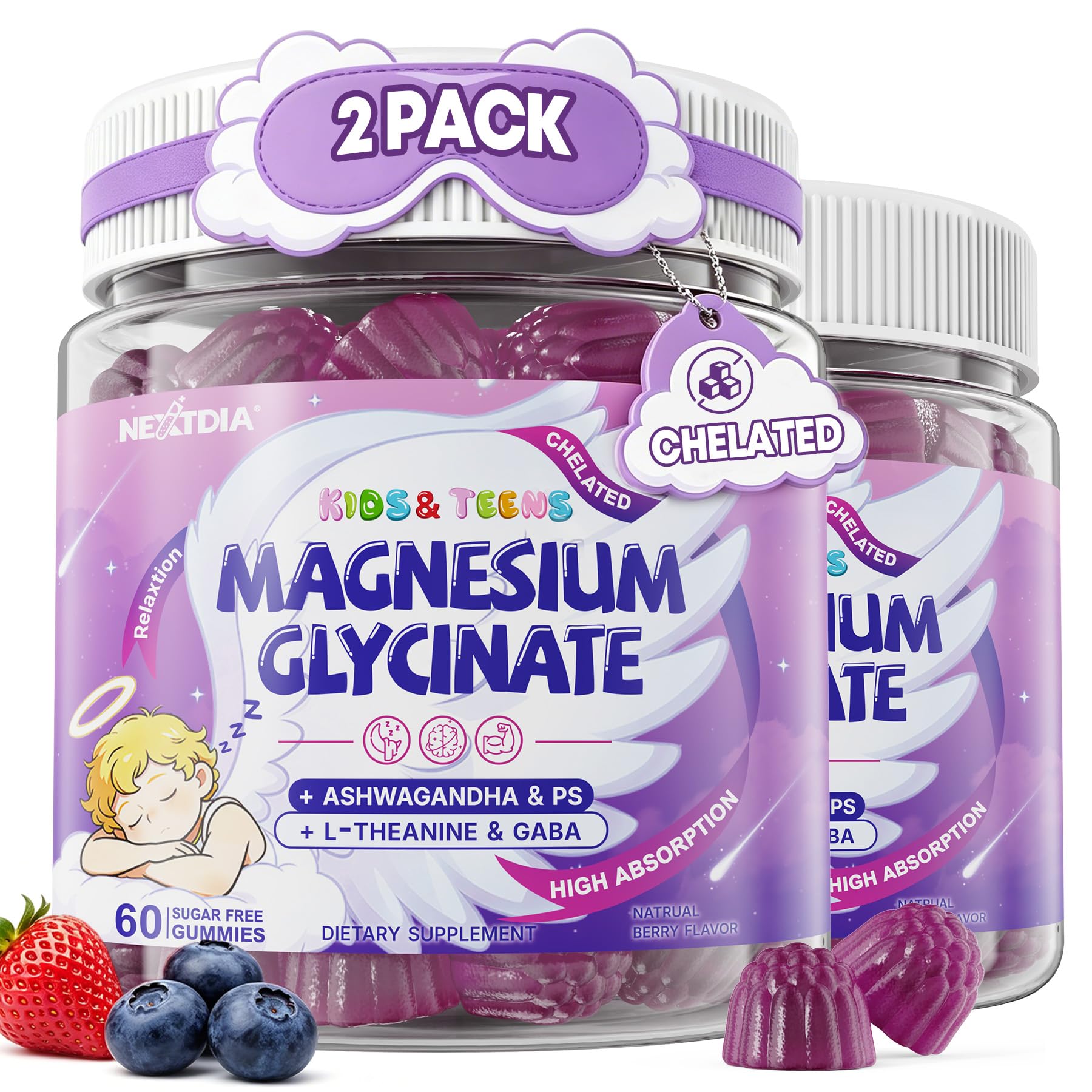 Nextdia Magnesium Glycinate Gummies 400mg/200mg for Kids & Teens, 120 Gummies