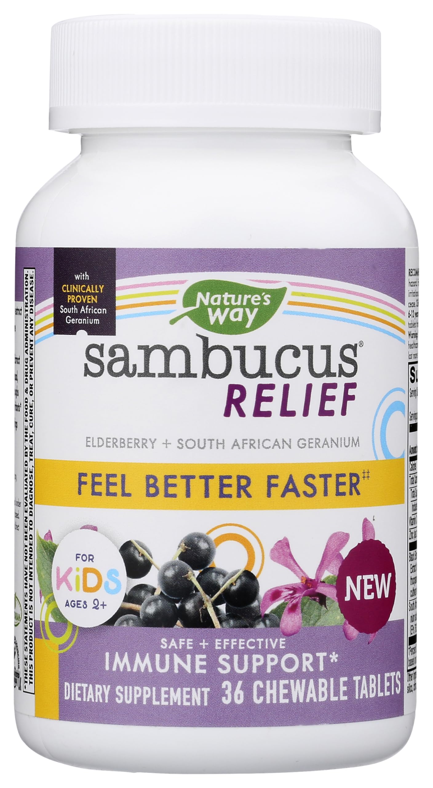 Nature's Way Sambucus Relief Immune Support for Kids Ages 2+ Berry 36 Chewable Tablets