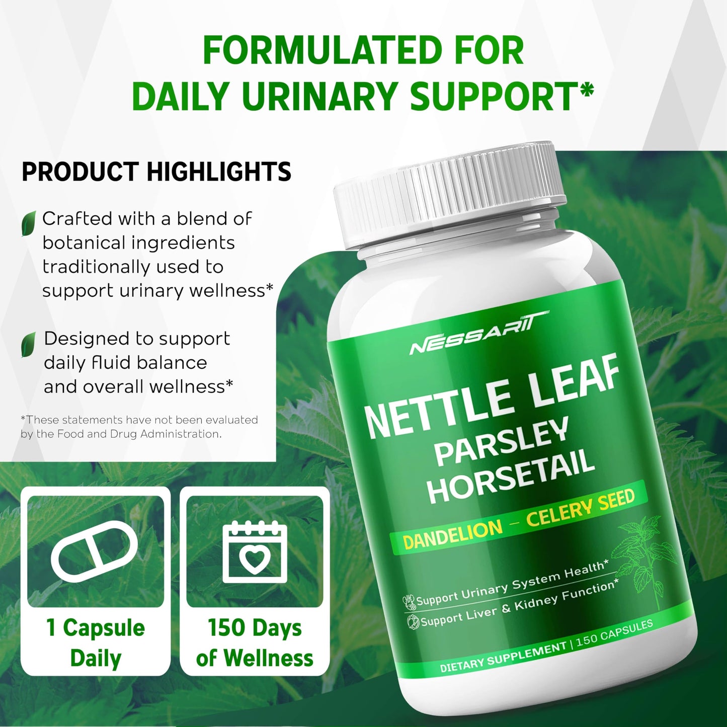NESSARIT Nettle Leaf, Parsley, Horsetail, Dandelion & Celery Seed – Support Urinary Tract & Natural Detox – 150 Capsules