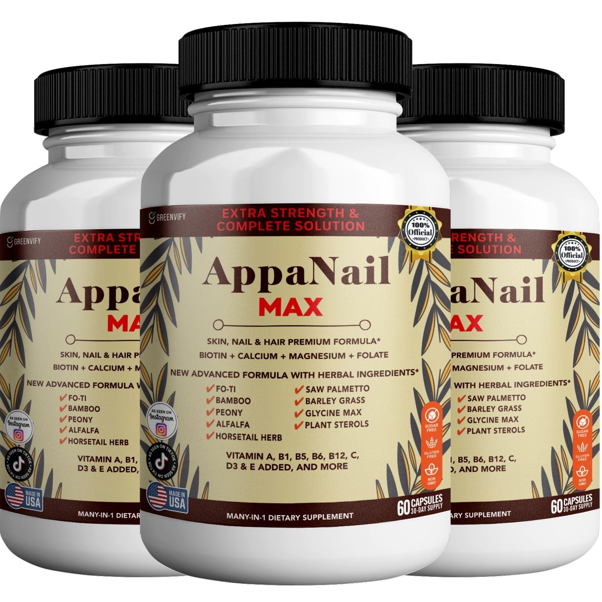 GREENVIFY AppaNail MAX Hair Skin & Nail Supplement Capsules, 180 Capsules