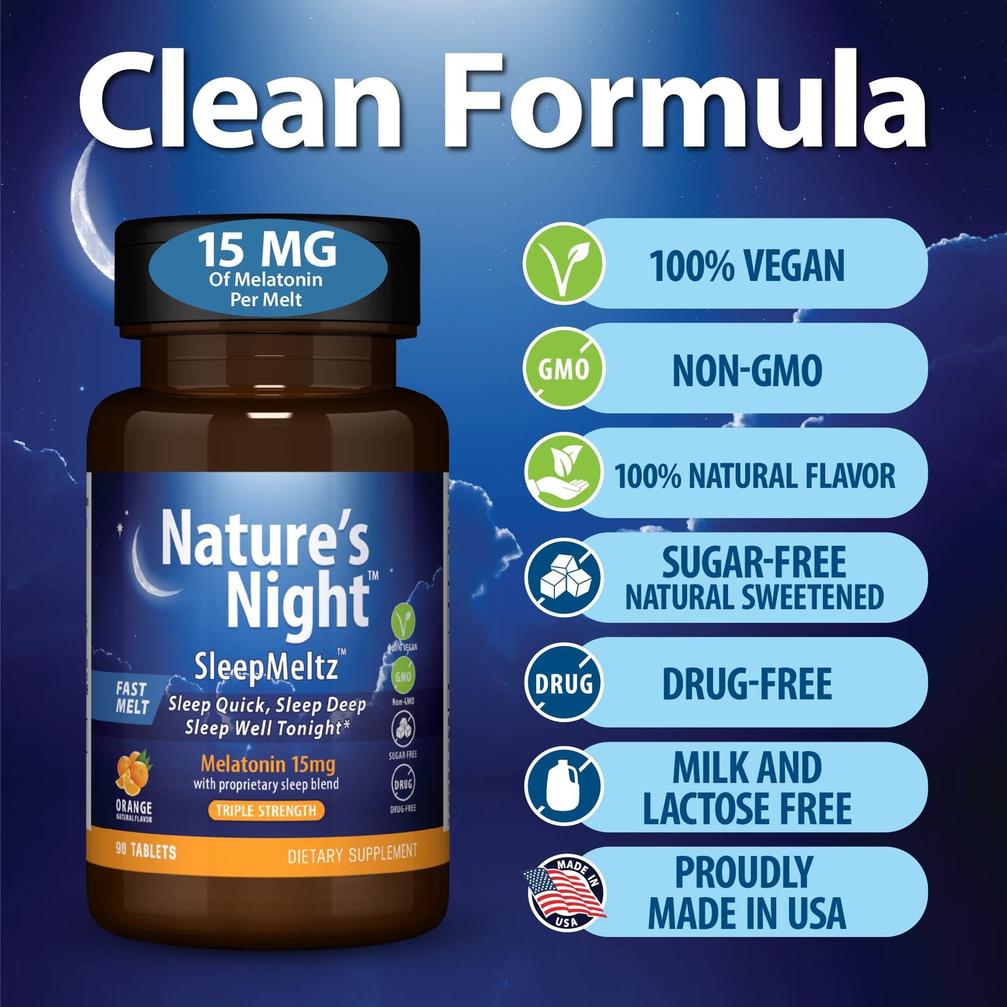 Nature's Night Triple Strength Quick Dissolve Melatonin 15mg with Supportive Blend Fast Dissolve Tablet, 90 Count