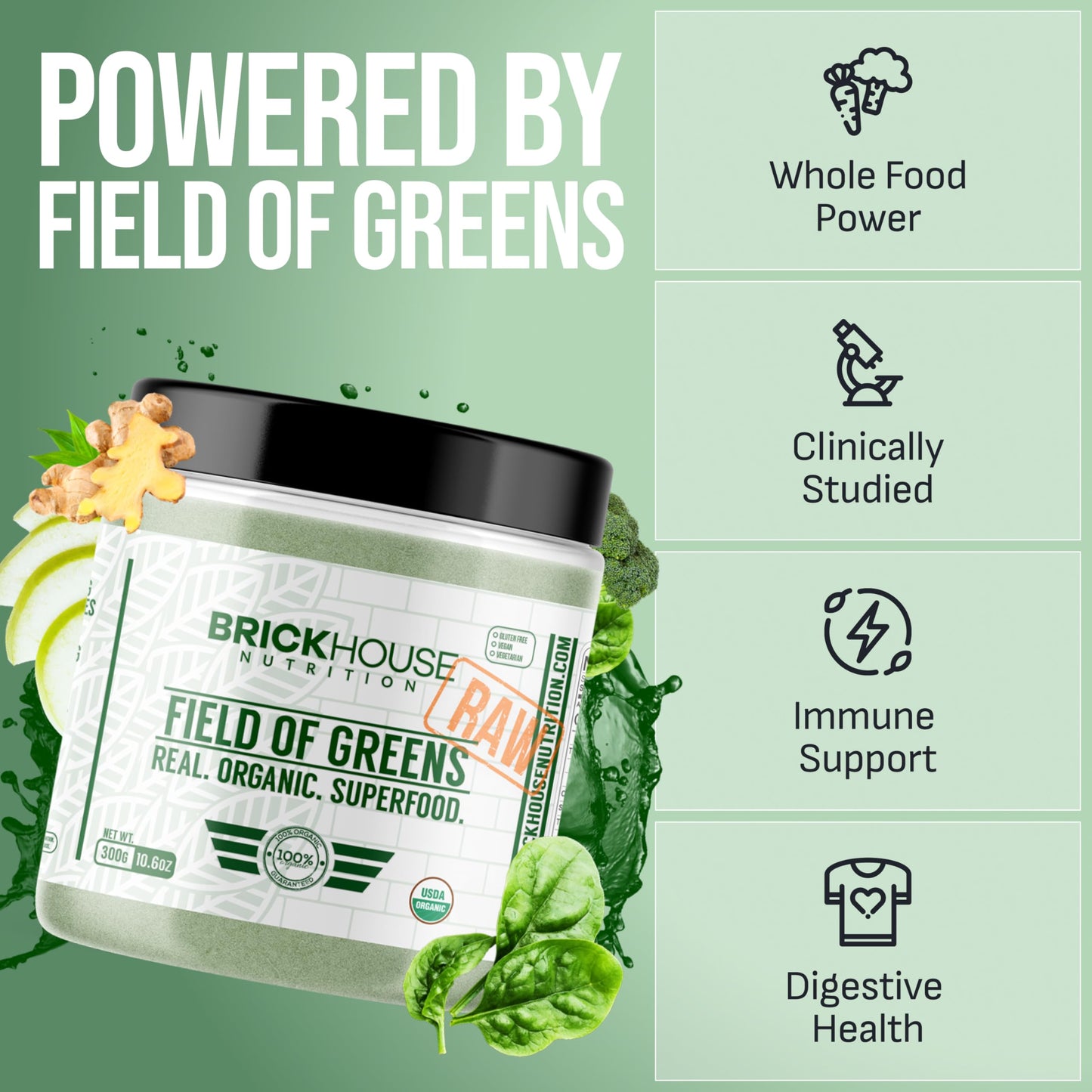 Brickhouse Nutrition Field of Greens Super Greens Powder, Doctor-Formulated Superfood Powder, Fruits & Veggies Supplement - Raw, 10.9 Ounce