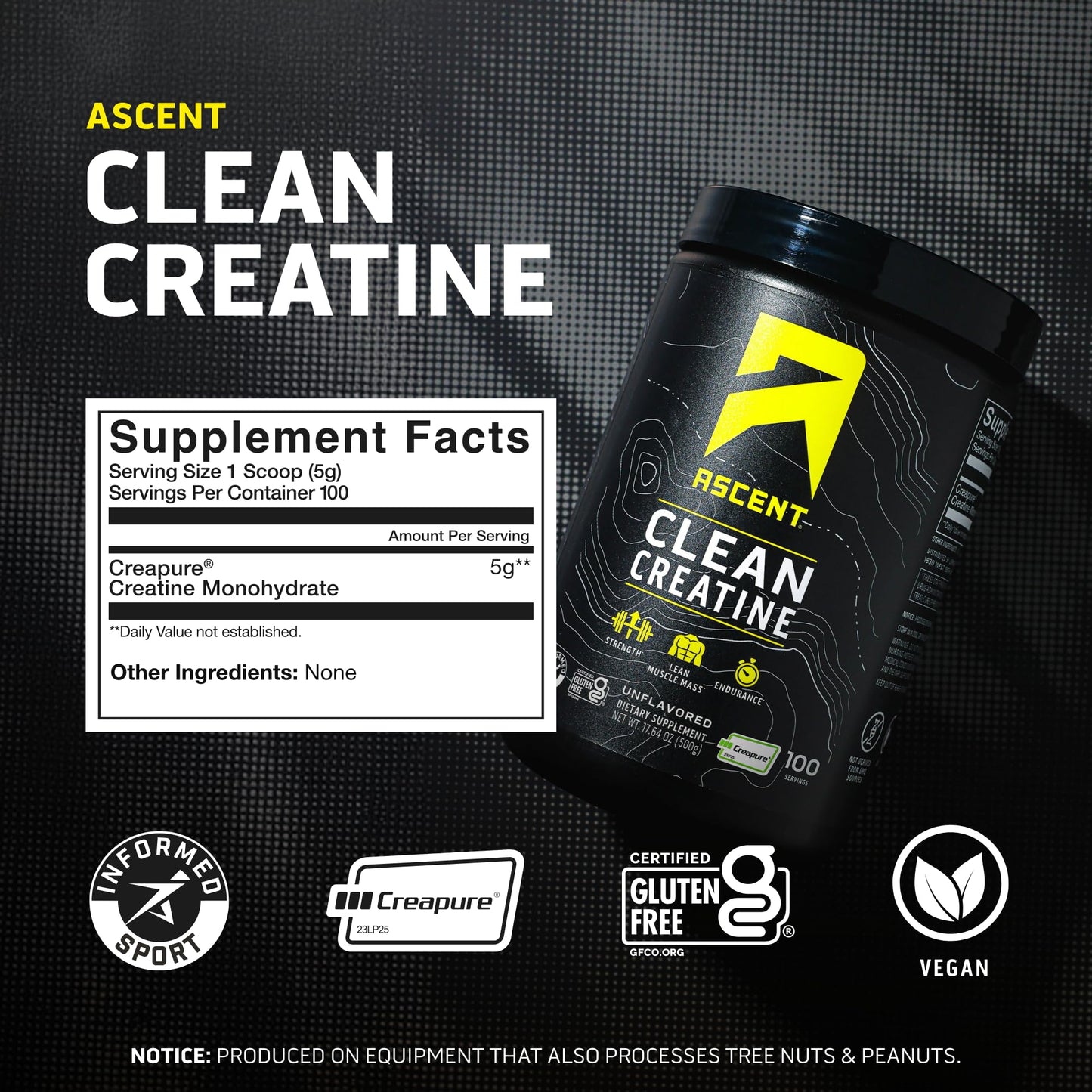 Ascent Clean Creatine Monohydrate Powder 100 Servings
