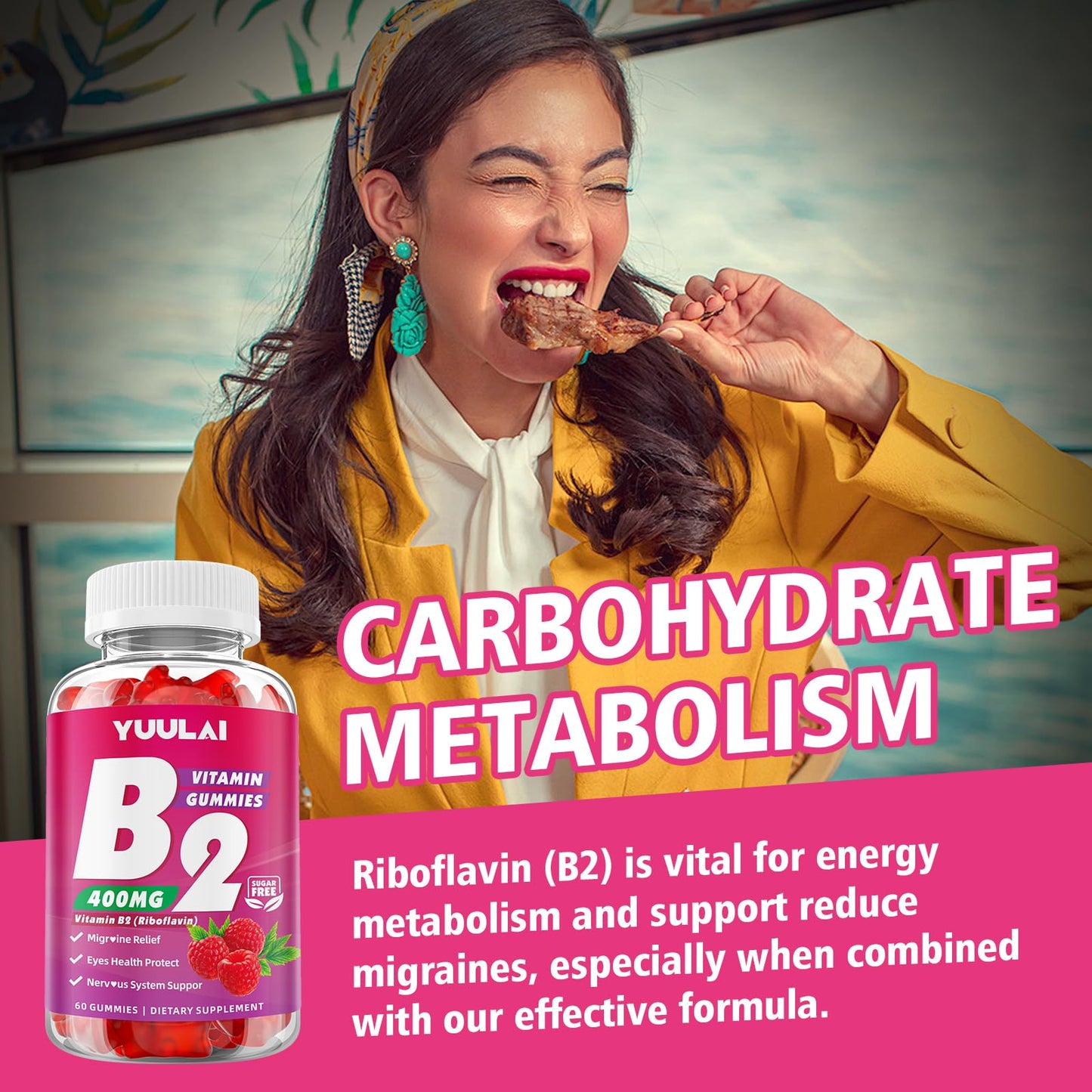 YUULAI Vitamin B2 (Riboflavin) Gummies with Magnesium, 400mg, 120 Gummies