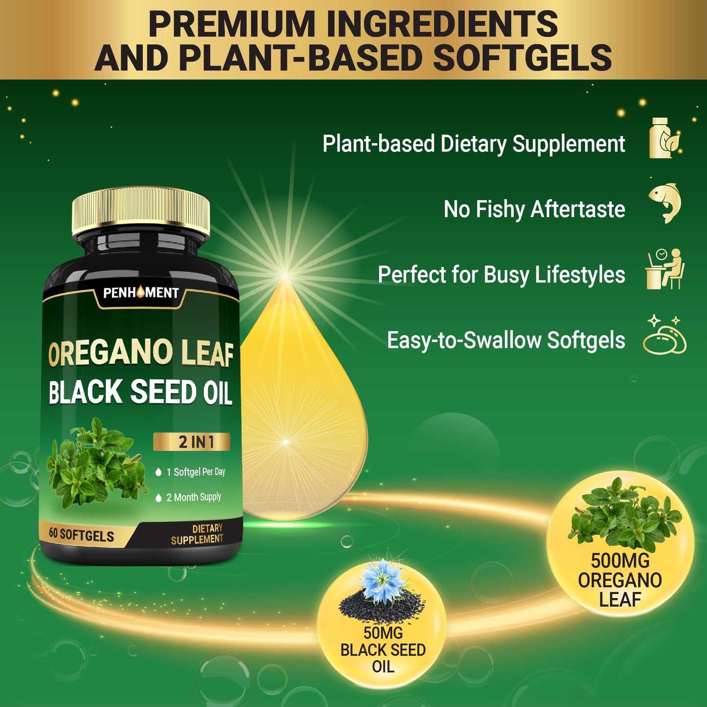 Penhoment 550 mg Oil of Oregano with Black Seed Oil Softgel, 60 Softgels