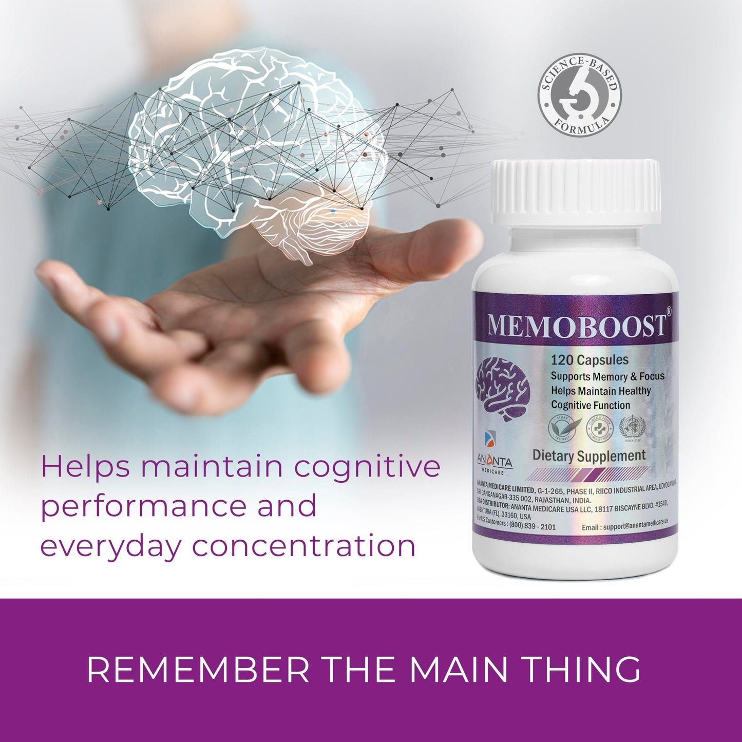 Ananta Medicare USA MemoBoost Memory Supplement - Natural Brain & Clarity Tablet, 1 Count