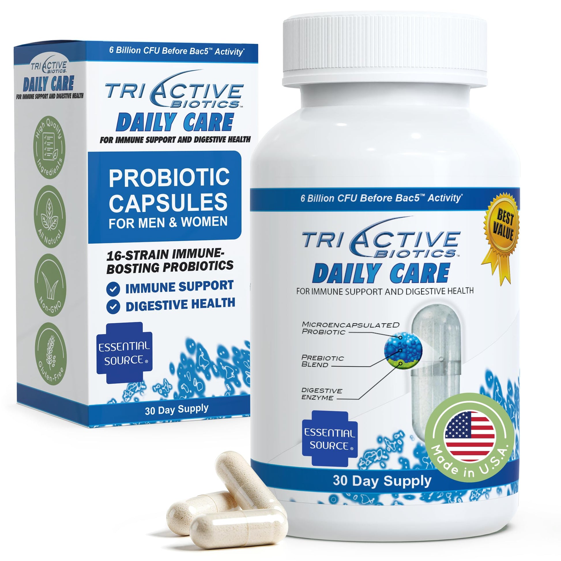 Essential Source TriActive Biotics Daily Care Probiotics for Women and Men, 6 Billion CFU with Prebiotic Blend, Daily Digestive and Immune Support Gut Health Supplement, Capsules, 30 Count