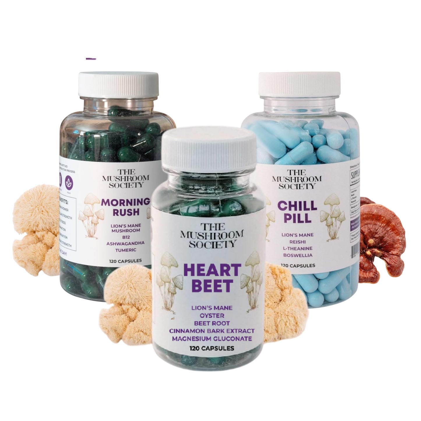 The Mushroom Society Have Heart – Morning Rush, Chill Pill & Heart Beet, 360 Capsules