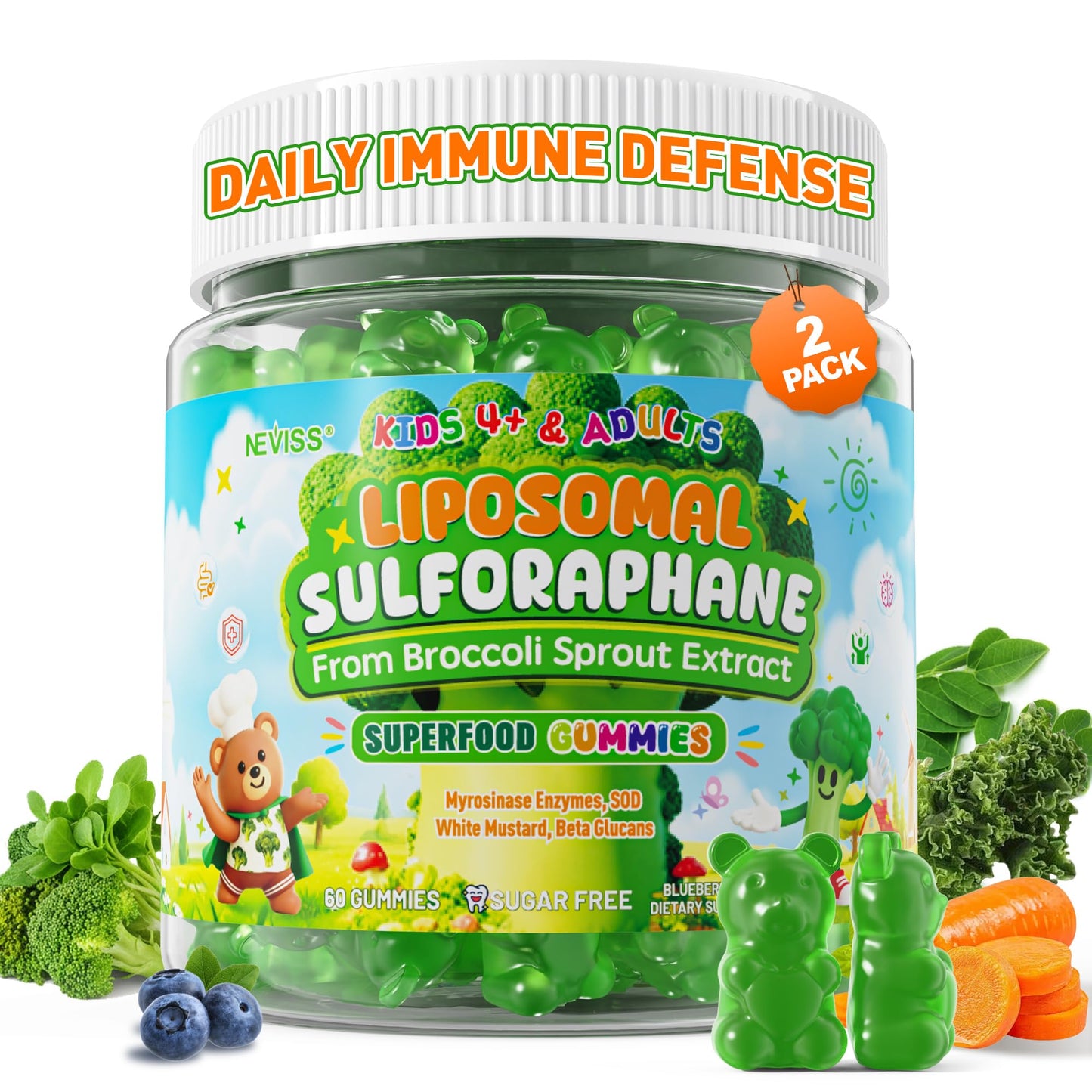 NEVISS Liposomal Sulforaphane Gummies from Broccoli Sprouts with Superfood, SOD, Beta Glucans, Myrosinase, White Mustard for Kids 4+ & Adults Supports Brain, Cognitive & Focus, Immune, Sugar Free, 120 Gummies