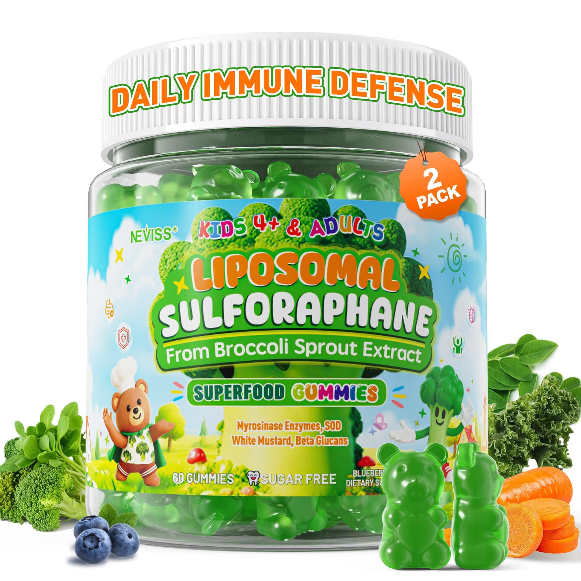 NEVISS Liposomal Sulforaphane Gummies from Broccoli Sprouts with Superfood, SOD, Beta Glucans, Myrosinase, White Mustard for Kids 4+ & Adults Supports Brain, Cognitive & Focus, Immune, Sugar Free, 120 Gummies
