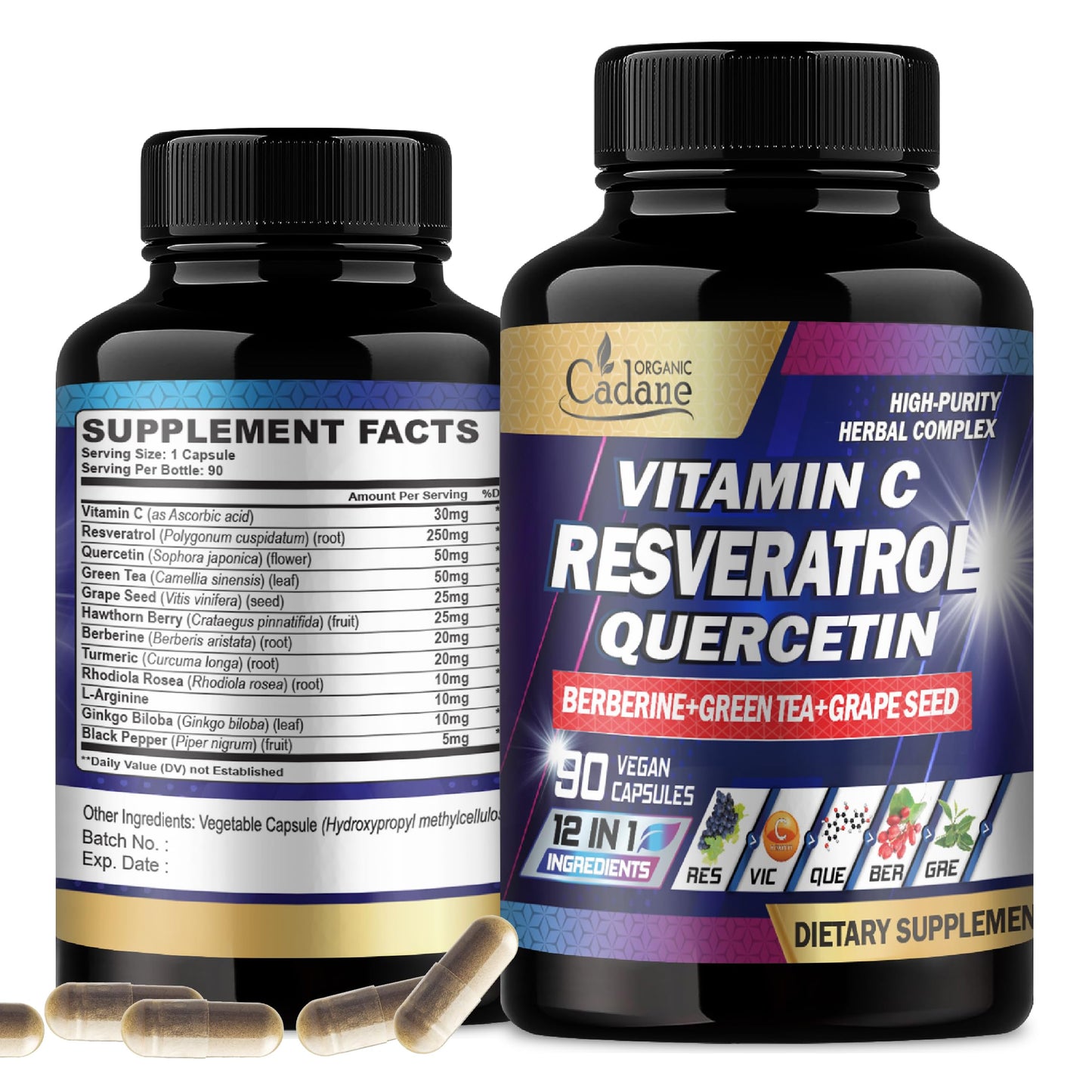 Organic Cadane Resveratrol Supplement 12-in-1 Capsules 90 Count