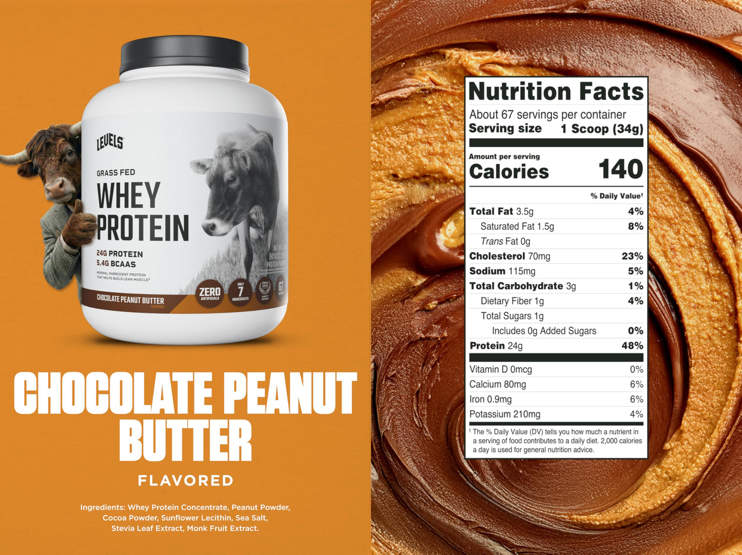 Levels Nutrition Grass Fed Whey Protein Powder, Chocolate Peanut Butter, 5 lb, 80 Servings