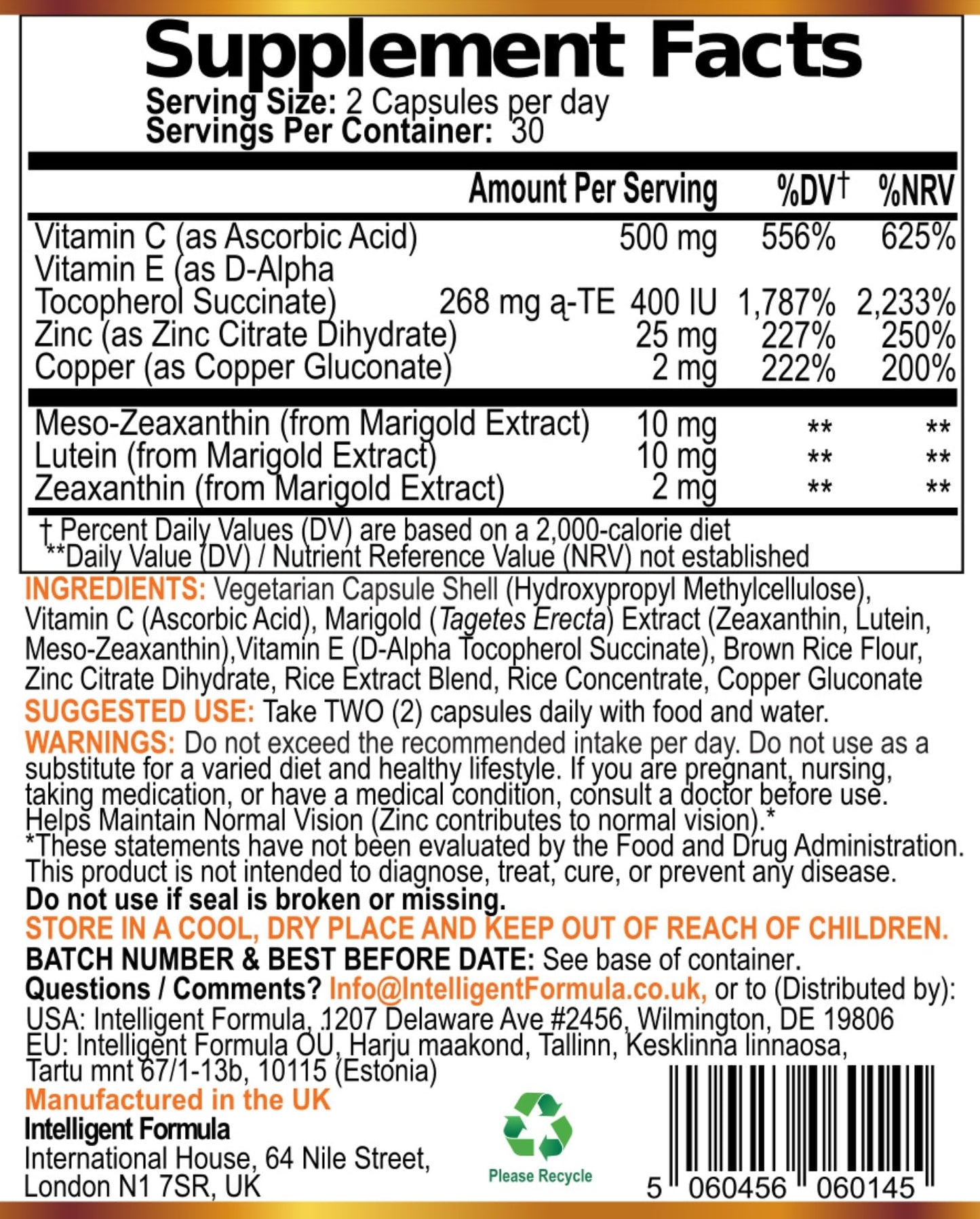 Intelligent Formula Vision Defender Plus Eye Supplement AREDS2 Formula with Lutein, Zinc & Meso-Zeaxanthin, 60 Capsules