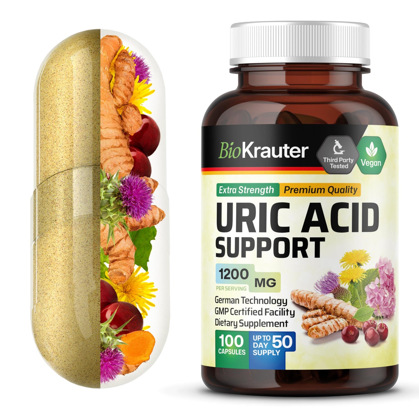 BIO KRAUTER 7-in-1 Uric Acid Support Supplement with Tart Cherry, Dandelion Root, Cranberry & Celery Seed – Herbal Kidney Support with Milk Thistle & Turmeric 1200 mg, 100 Capsules