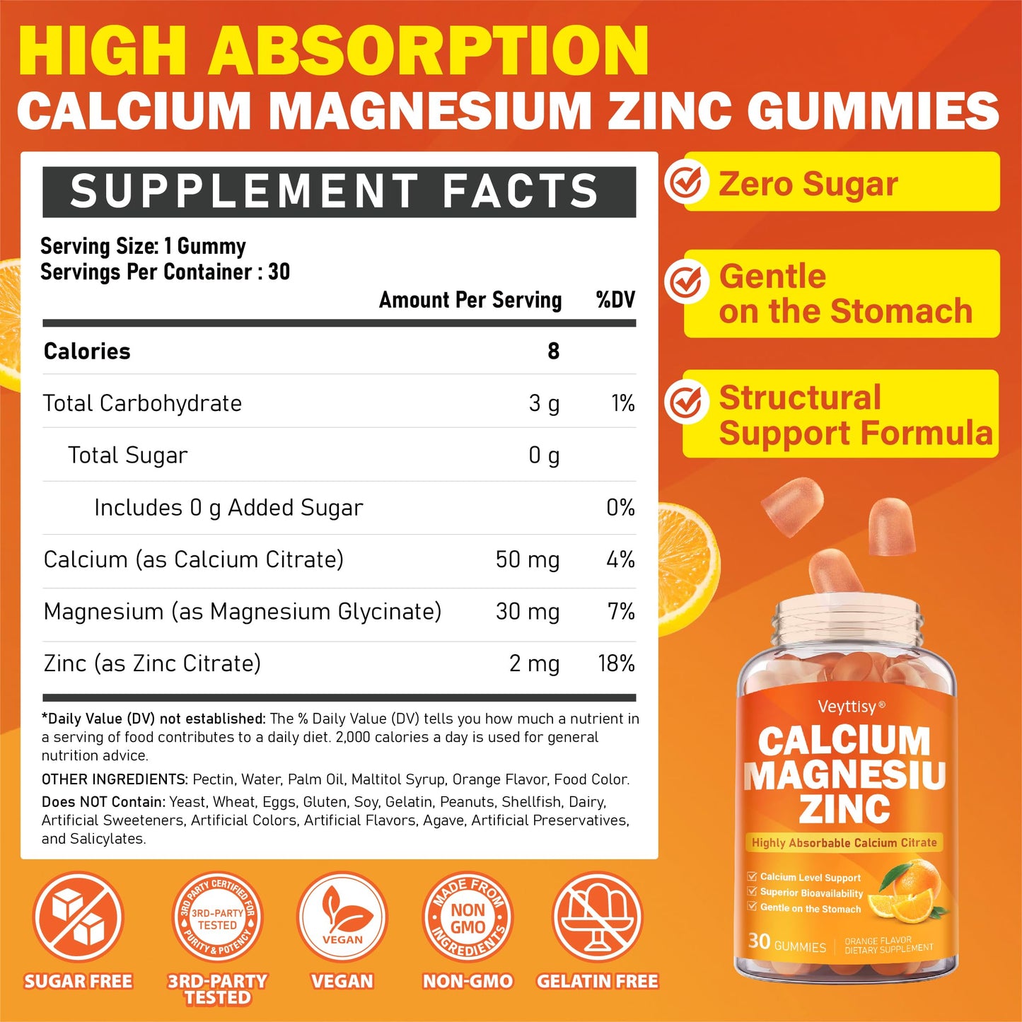 Veyttisy Calcium Magnesium Zinc Gummies, 30 Gummies