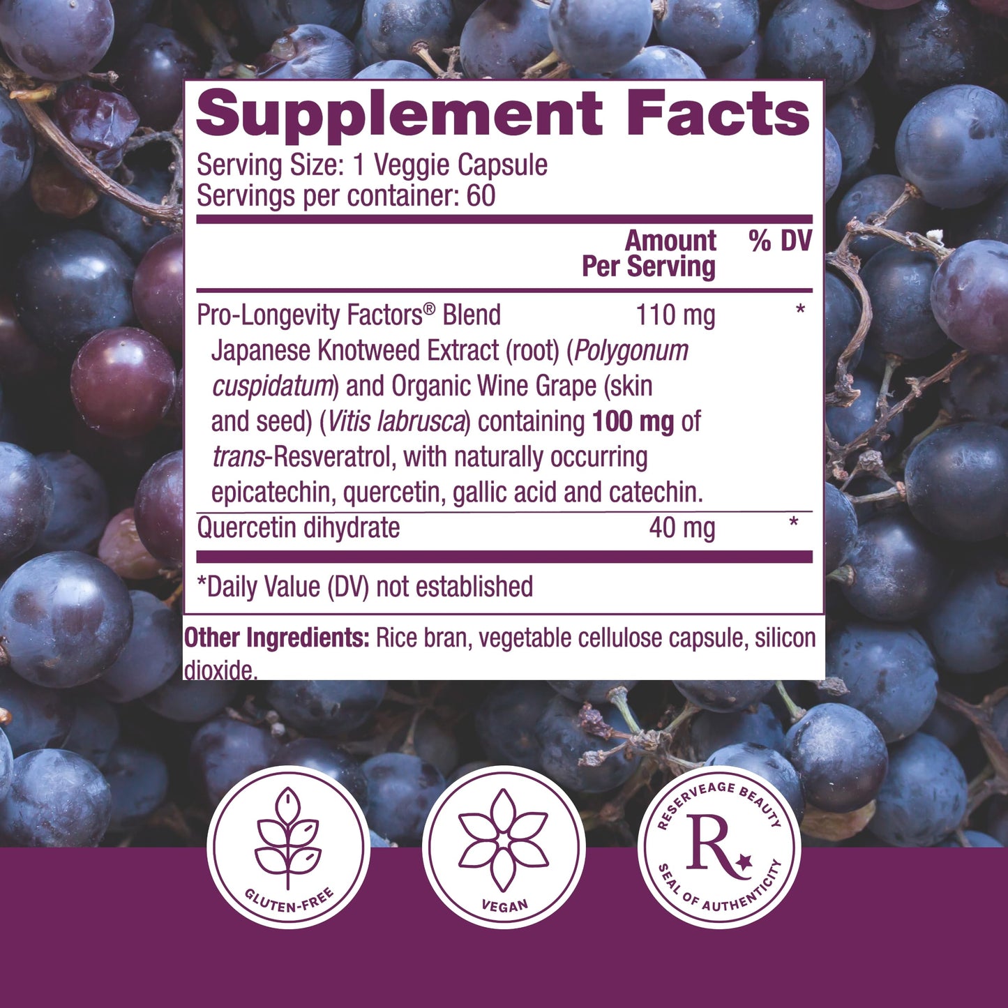 Reserveage Nutrition Resveratrol 100 mg Capsules, 60 Count
