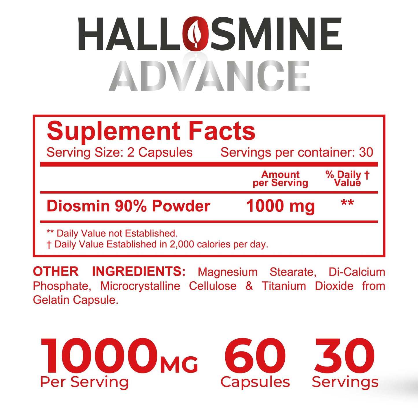 Hallusa Natural Hallosmine Advance 1000mg Diosmin Capsules 60 Count