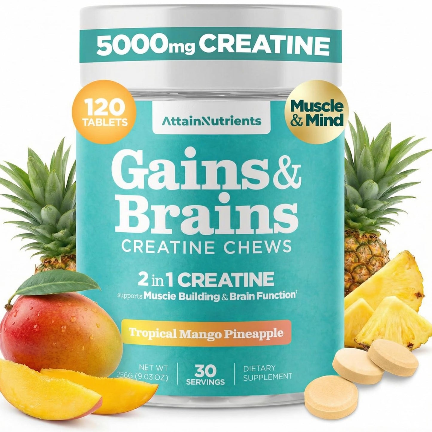 Attain Nutrients Creatine Chews 5000mg Creatine Monohydrate with Ashwagandha KSM-66, Chewable, 30 Count