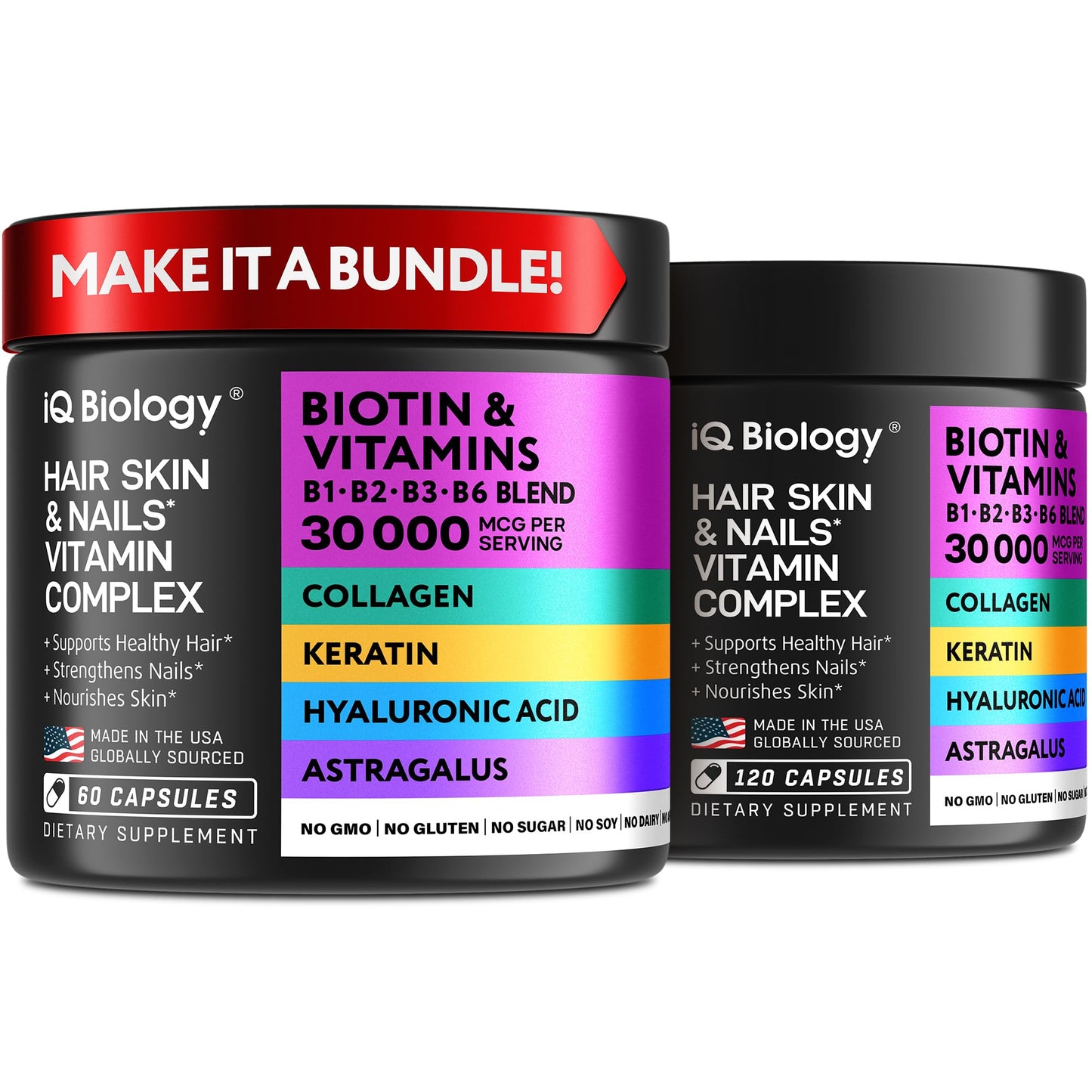 IQ BIOLOGY Biotin Bundle for Hair Growth with Collagen & Keratin for Hair Loss & Thinning Hair - Hair Skin and Nails Vitamins for Women & Men - Healthy Regrowth, Skin Glow & Nail Repair, 180 Capsules