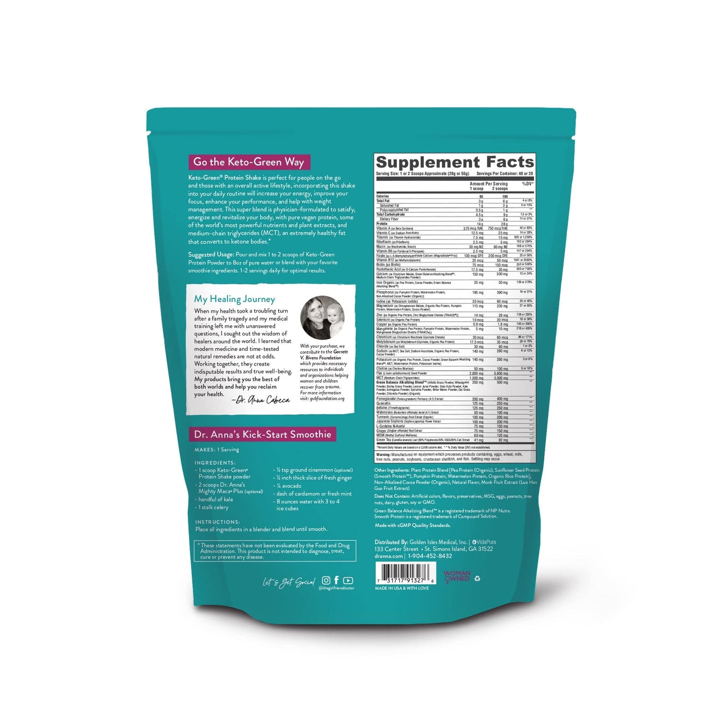 VIDAPURA Keto-Green Chocolate Vegan Protein Powder, 38.4 oz