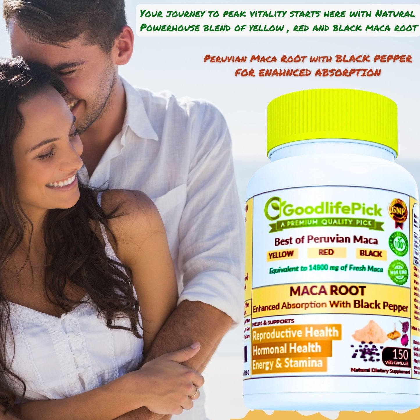 GoodlifePick Peruvian Maca Root with Black Pepper Capsules 300 Count