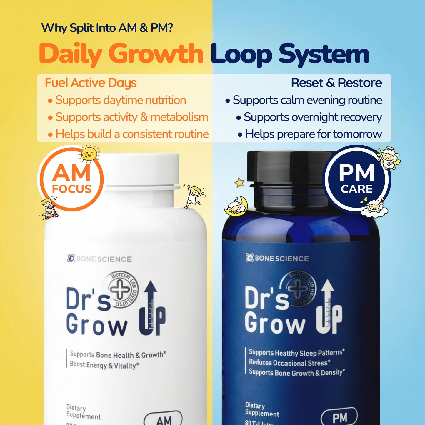 BONE SCIENCE Dr's Grow UP AM & PM Bone Support for Kids & Teens D3 K2 MK-7 Capsule, Tablet 180