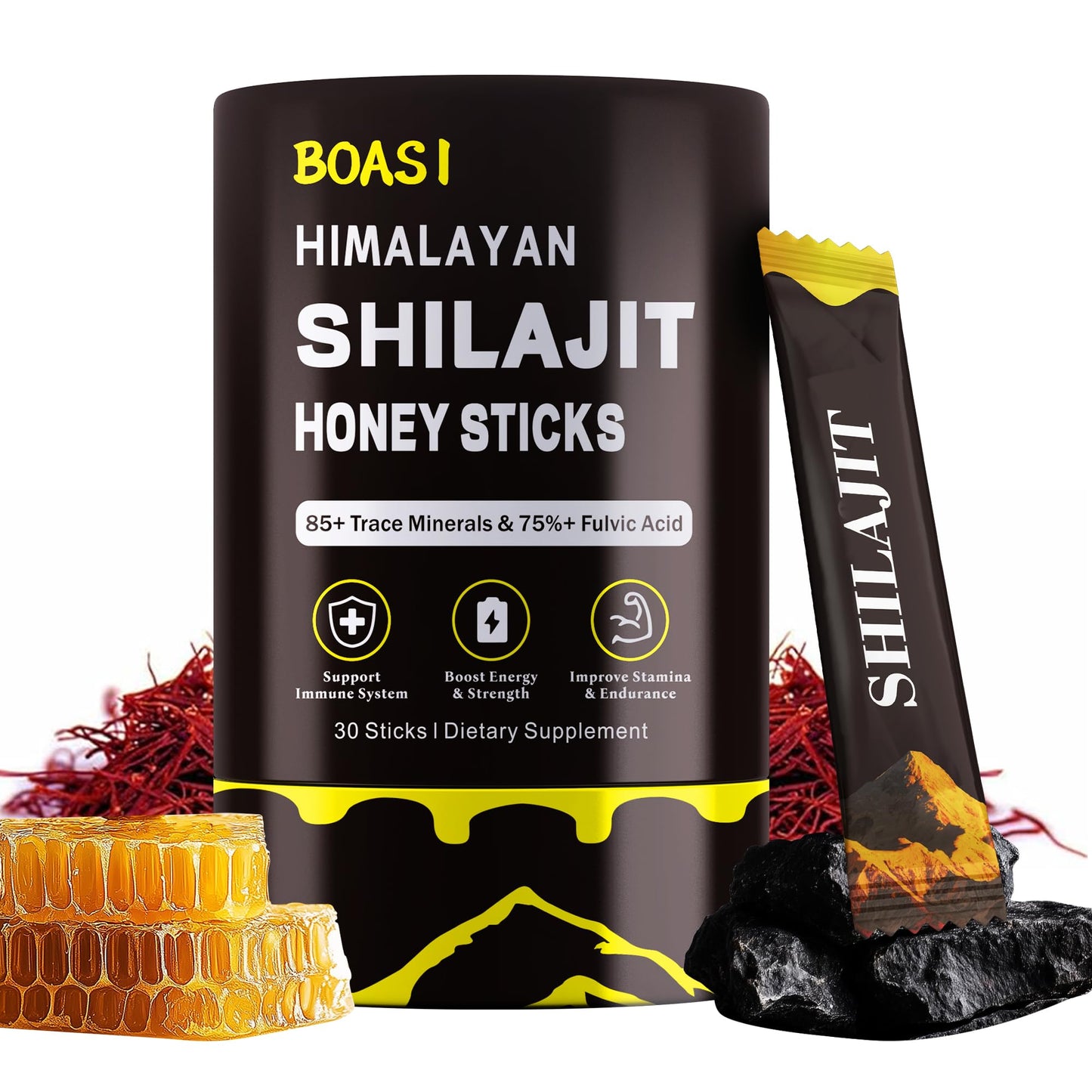 Boasi Shilajit Honey Sticks with Organic Saffron, 85+ Trace Minerals, 75%+ Fulvic Acid, Enhance Cognitive Functions Boost Energy & Strength Gummies, 30 Count