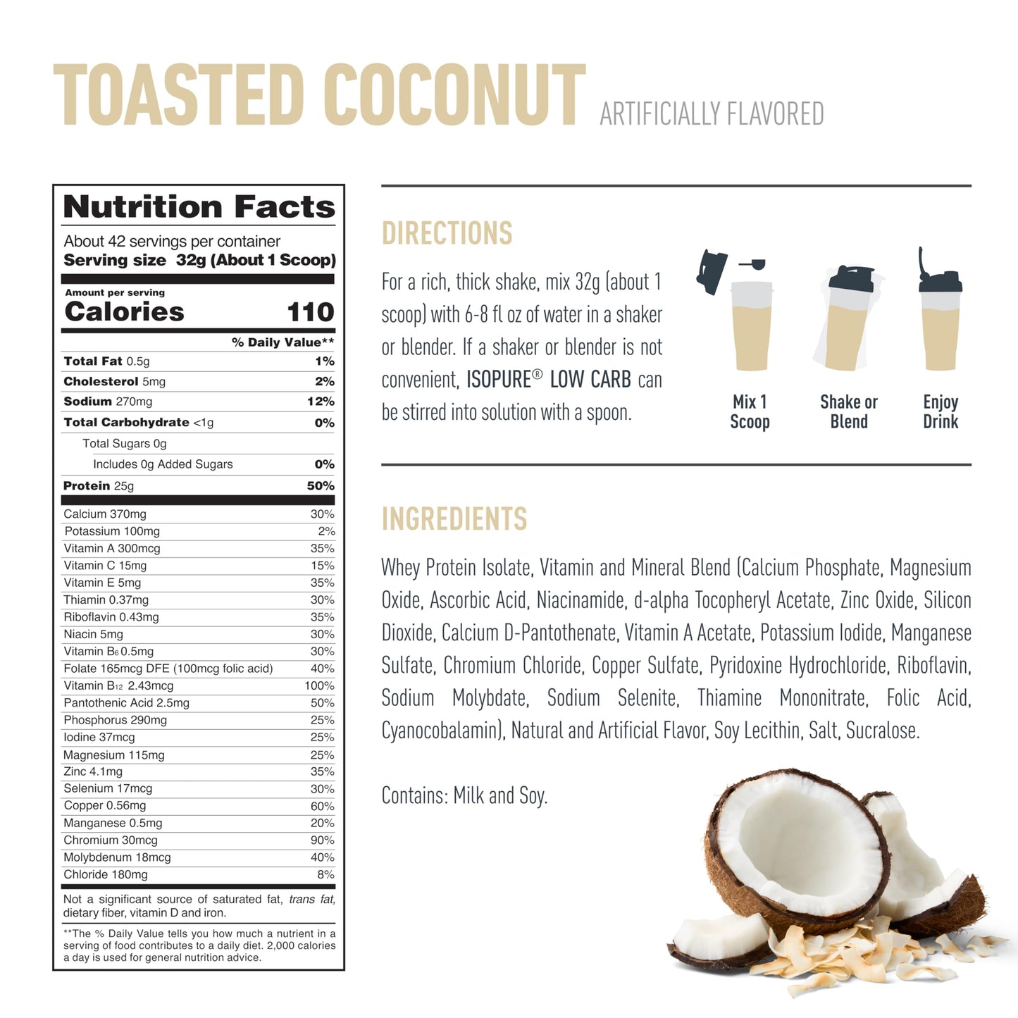 Isopure Low Carb 100% Pure Whey Isolate Protein Powder, Gluten Free, With Vitamins, Toasted Coconut, 25g Protein Per Serving, 3 Lbs, 42 Servings (Packaging May Vary)