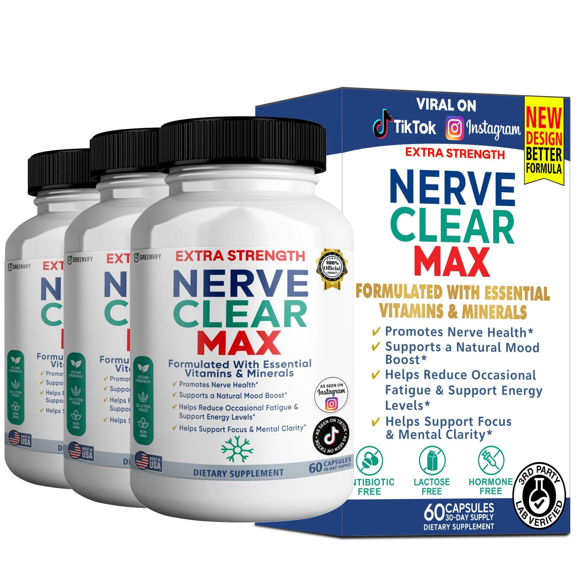GREENVIFY Nerve Clear Max Extra Strength, Essential Vitamins & Minerals, Nerve Health Support, 60 Capsules