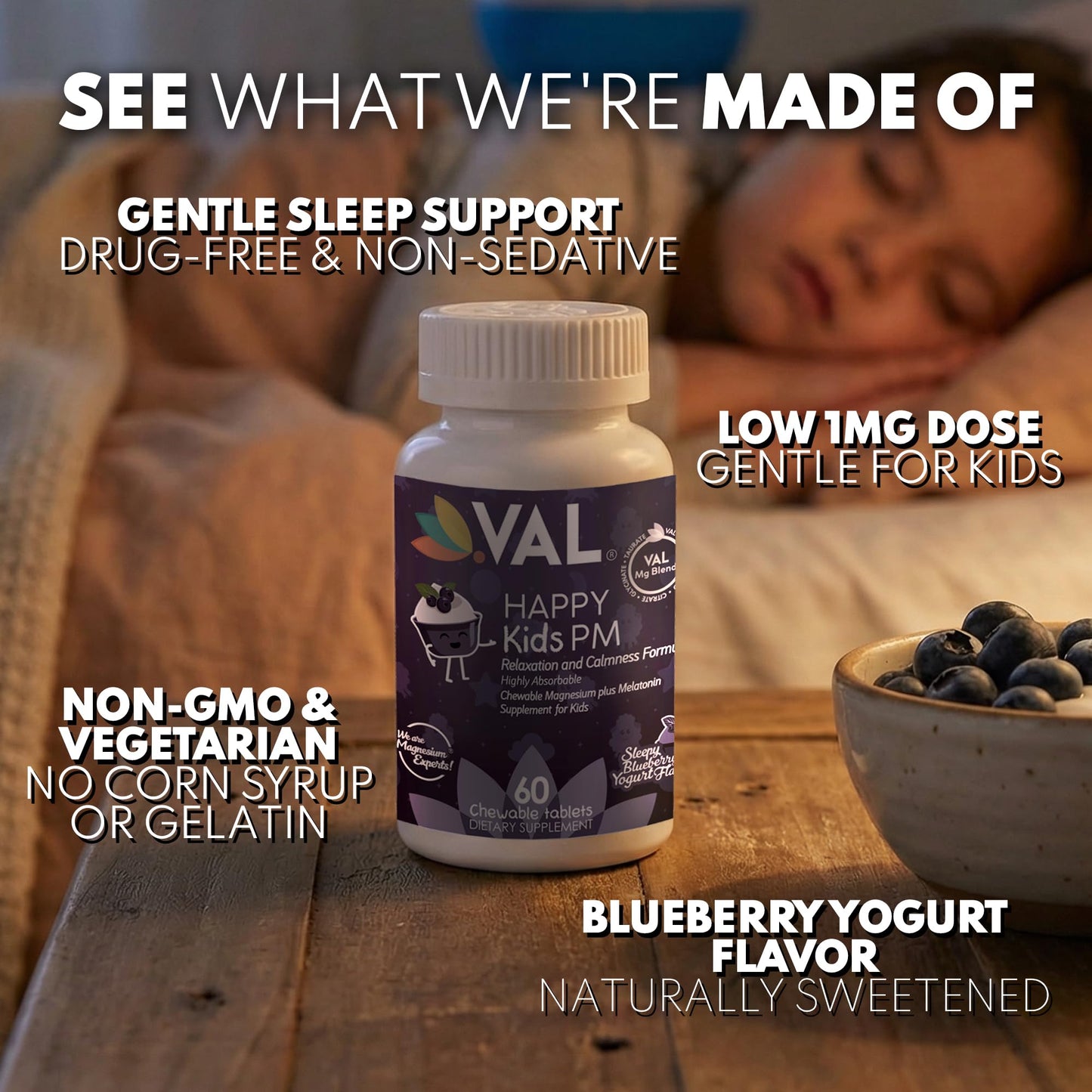 VAL Happy Kids PM Sleep Support with Magnesium, Melatonin, Vitamin B6 & C 60 Tablets
