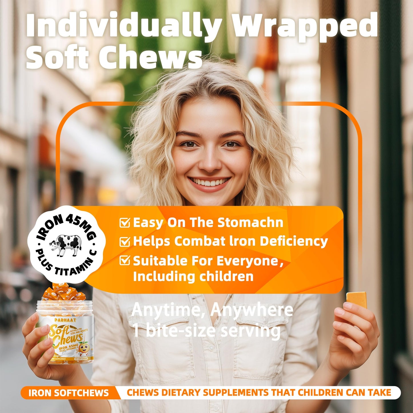 Parhaat Iron Soft Chews with Vitamin C, Orange Flavored, 60 Count