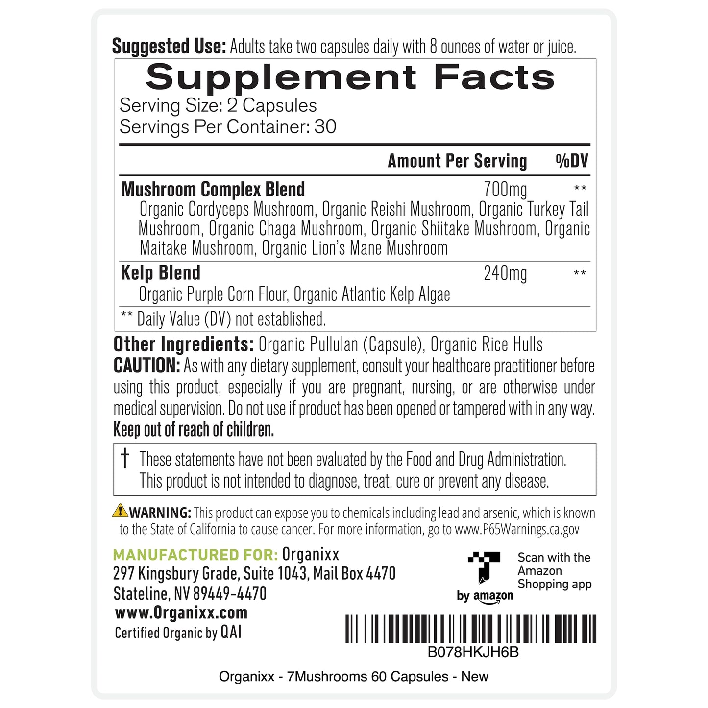 Organixx 7 Mushroom Supplement, Fermented, Immune Support Capsules, 120