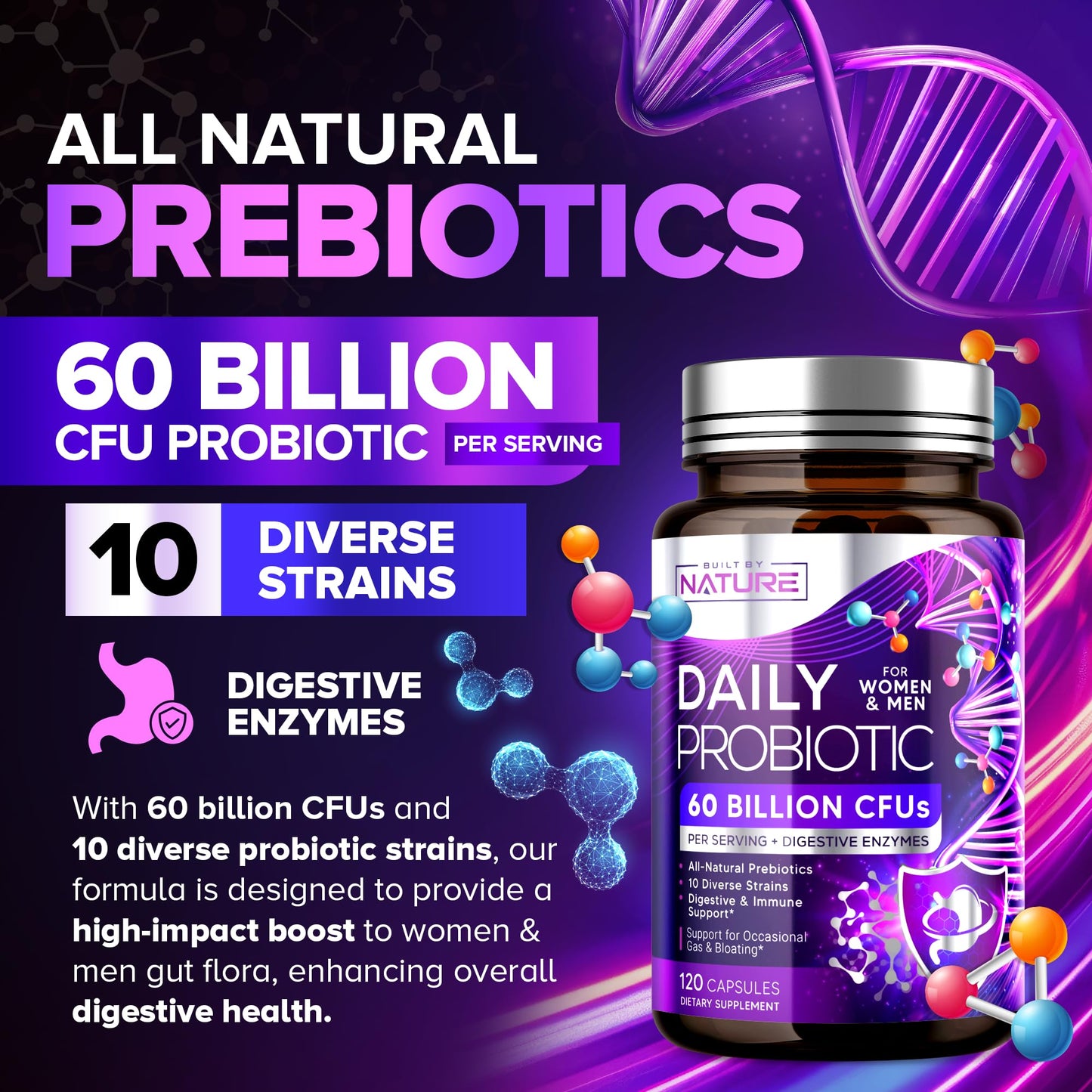 Built by Nature Probiotic for Women & Men – 60 Billion CFU, 10 Strains + Prebiotics & Digestive Enzymes – Supports Digestive, Immune, Reduce Gas & Bloating – Shelf Stable, Non-GMO, 120 Capsules