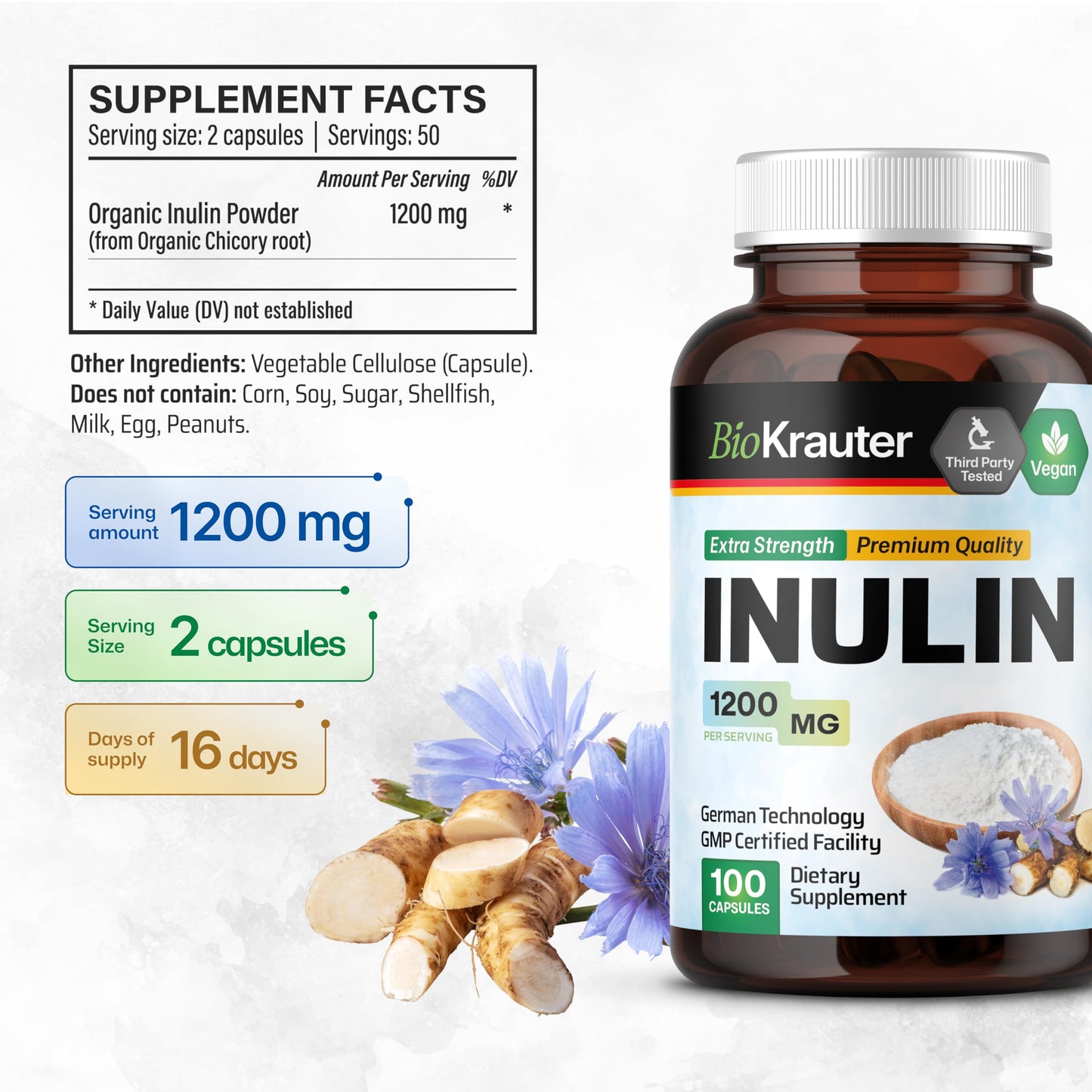 BIO KRAUTER Inulin Powder from Chicory Root Capsules, 100 Count