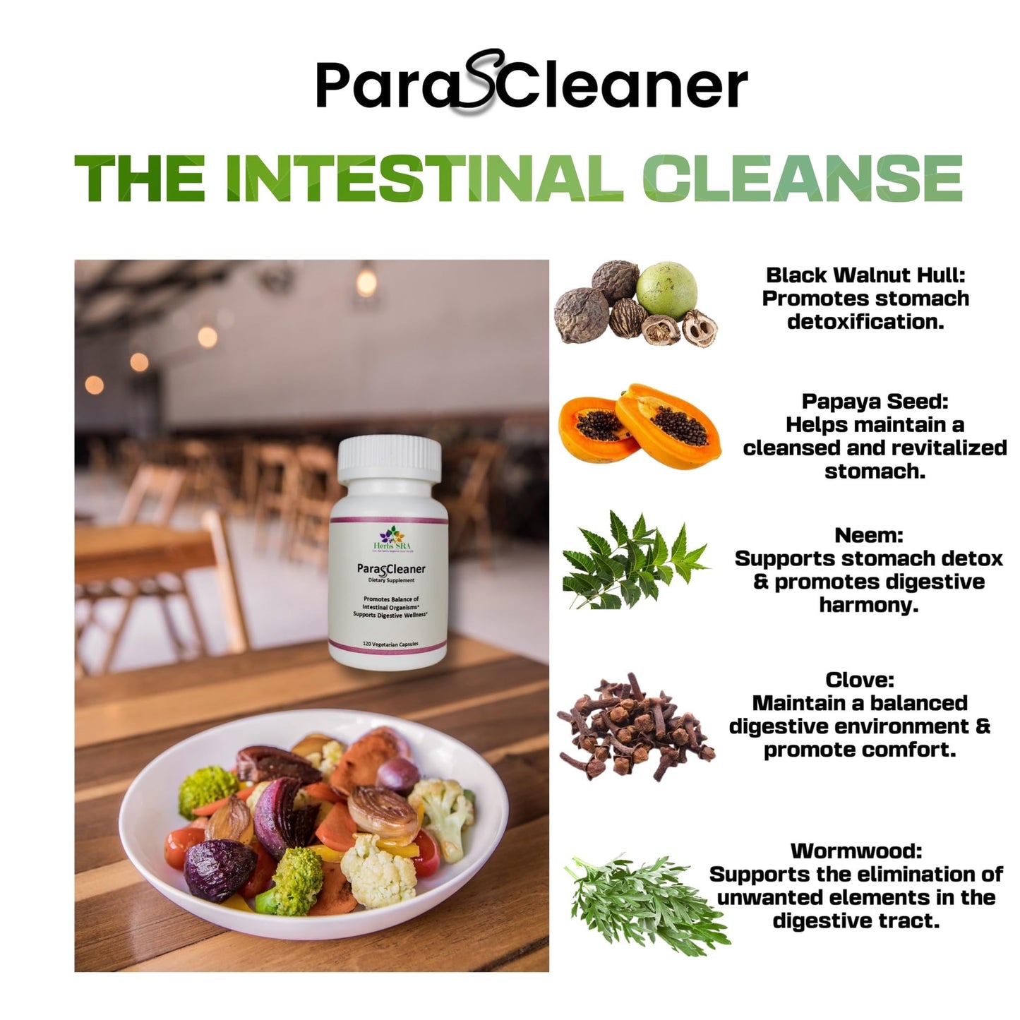 Herbs SRA ParasCleaner Digestive Balance Supplement with Black Walnut, Papaya Seed, Neem, Clove & Wormwood Vegetarian Capsules 120 Count