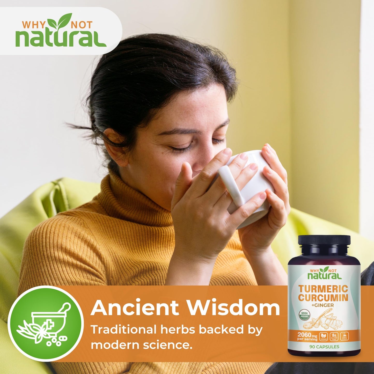 Why Not Natural Organic Turmeric Curcumin Supplement with Ginger and Black Pepper - Tumeric Capsule 90 Count