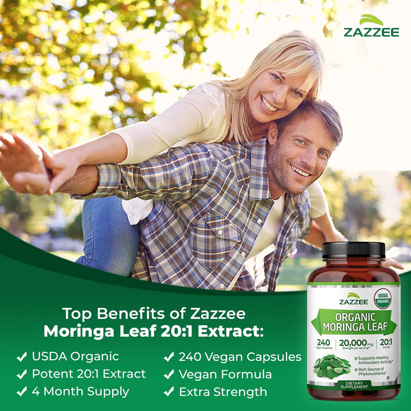 Zazzee USDA Organic Moringa Leaf 20:1 Extract, 1000 mg per serving, 240 Capsules