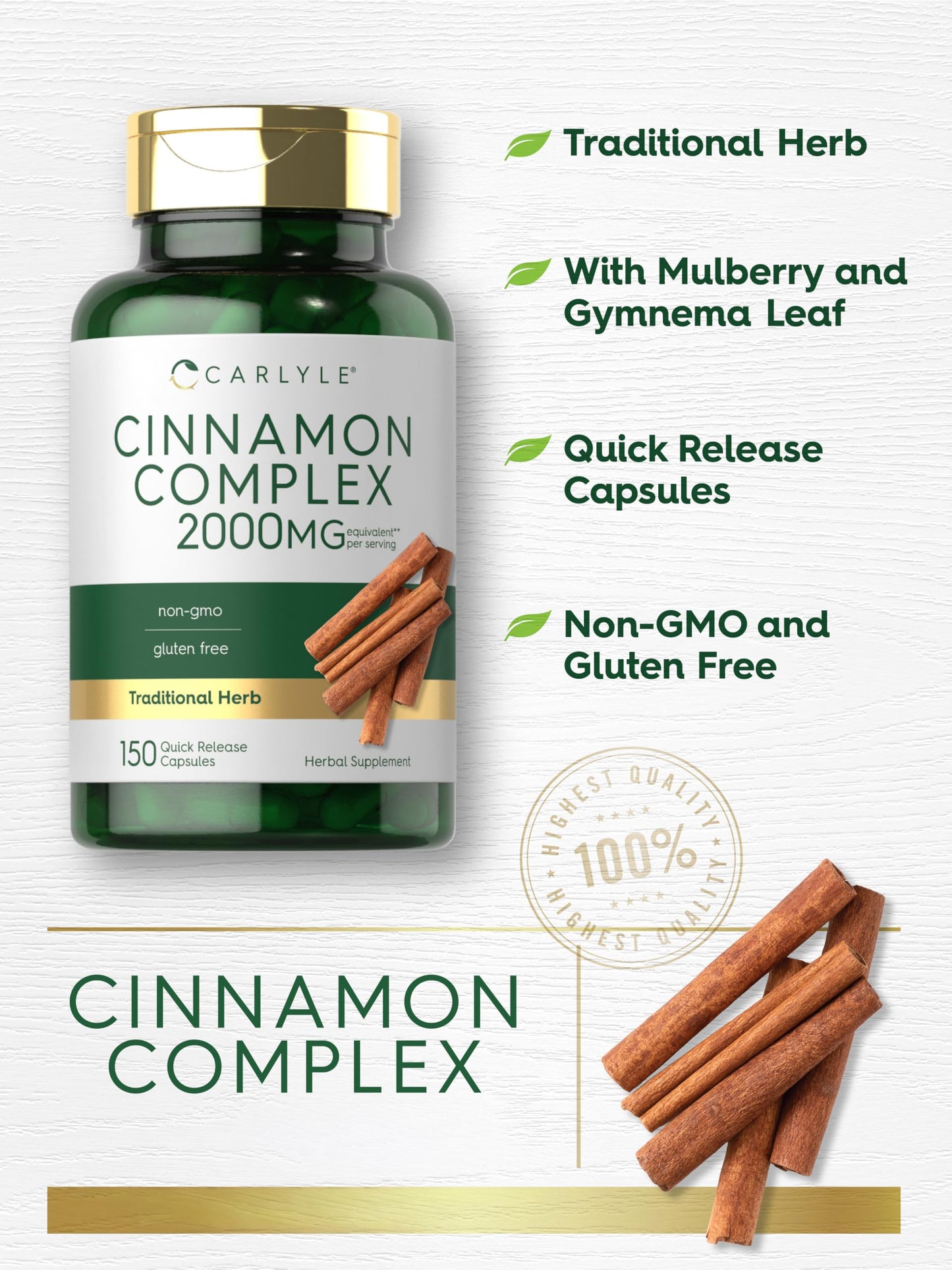 Carlyle Ceylon Cinnamon Complex with Gymnema and Mulberry, 150 Capsules