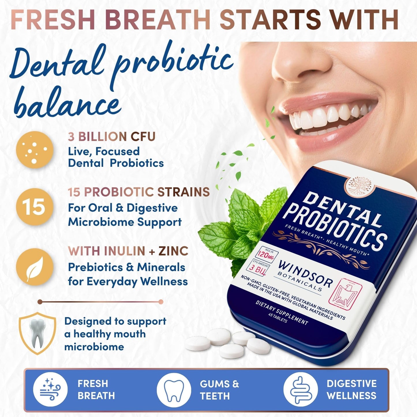 WINDSOR BOTANICALS Dental Probiotics for Teeth and Gums Tablets, 270