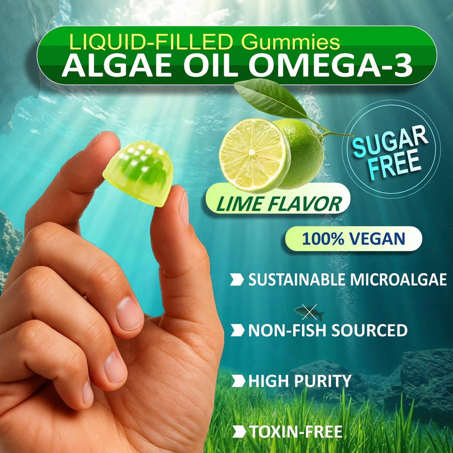 BIZYAC Algae Omega-3 Gummies 2200mg from Algae Oil, DHA 640mg & EPA 290mg, 60 Gummies