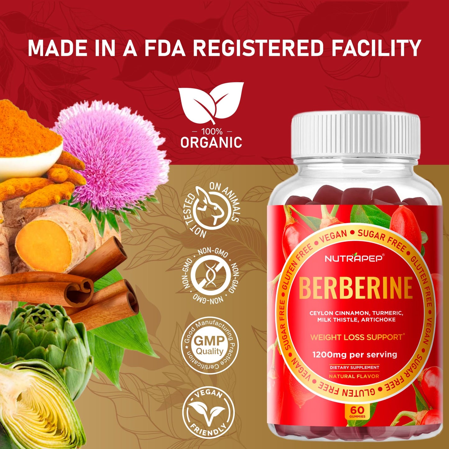 NutraPep Premium Berberine HCl Gummies, 60 Count