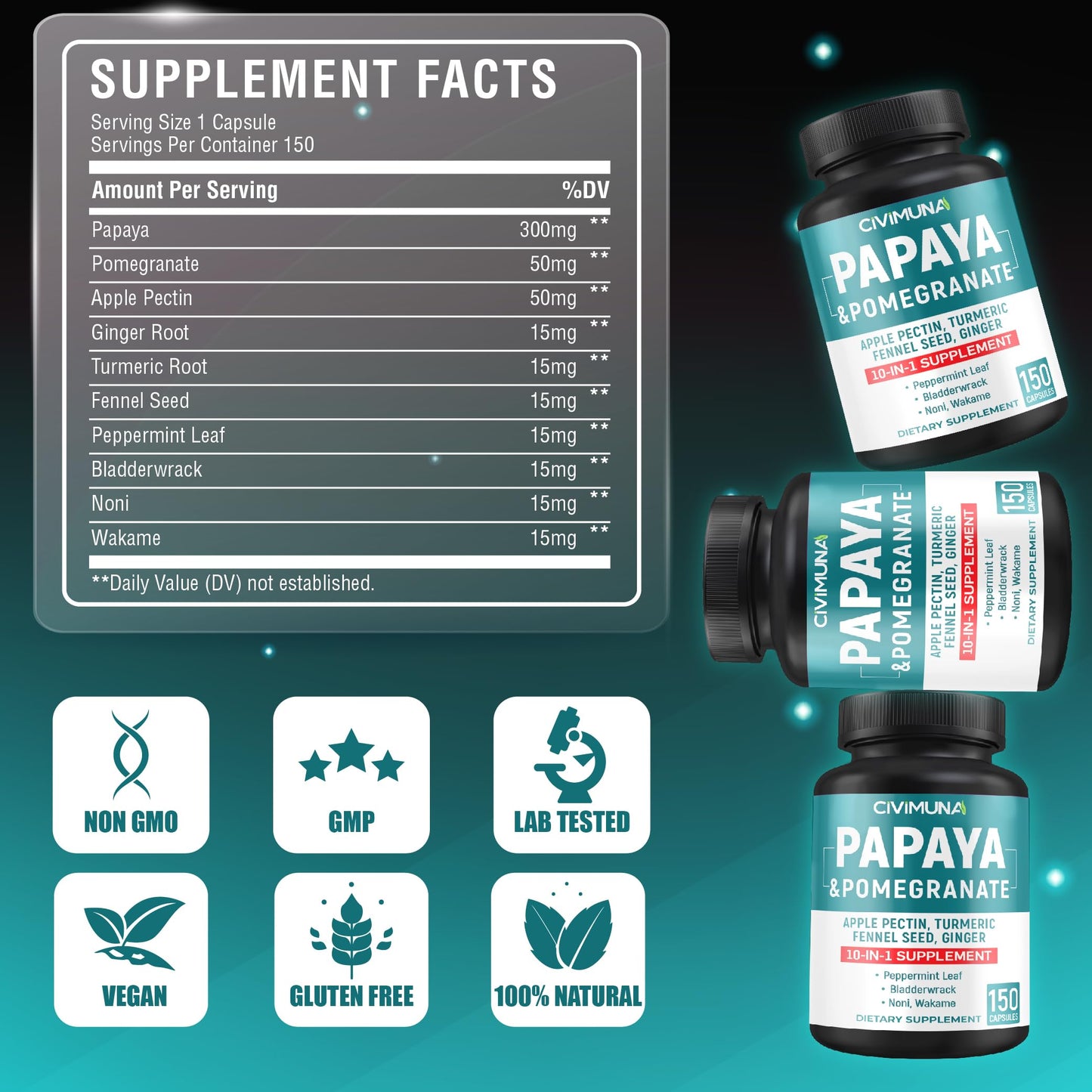 CIVIMUNA Papaya Capsules with Papaya, Pomegranate, Apple Pectin and More, 150 Capsules