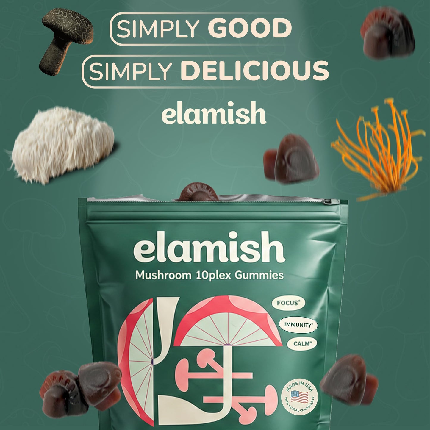 Elamish Mushroom Gummies – Focus, Immunity & Calm – Functional Mushrooms 10 Plex Blend, 60 Count